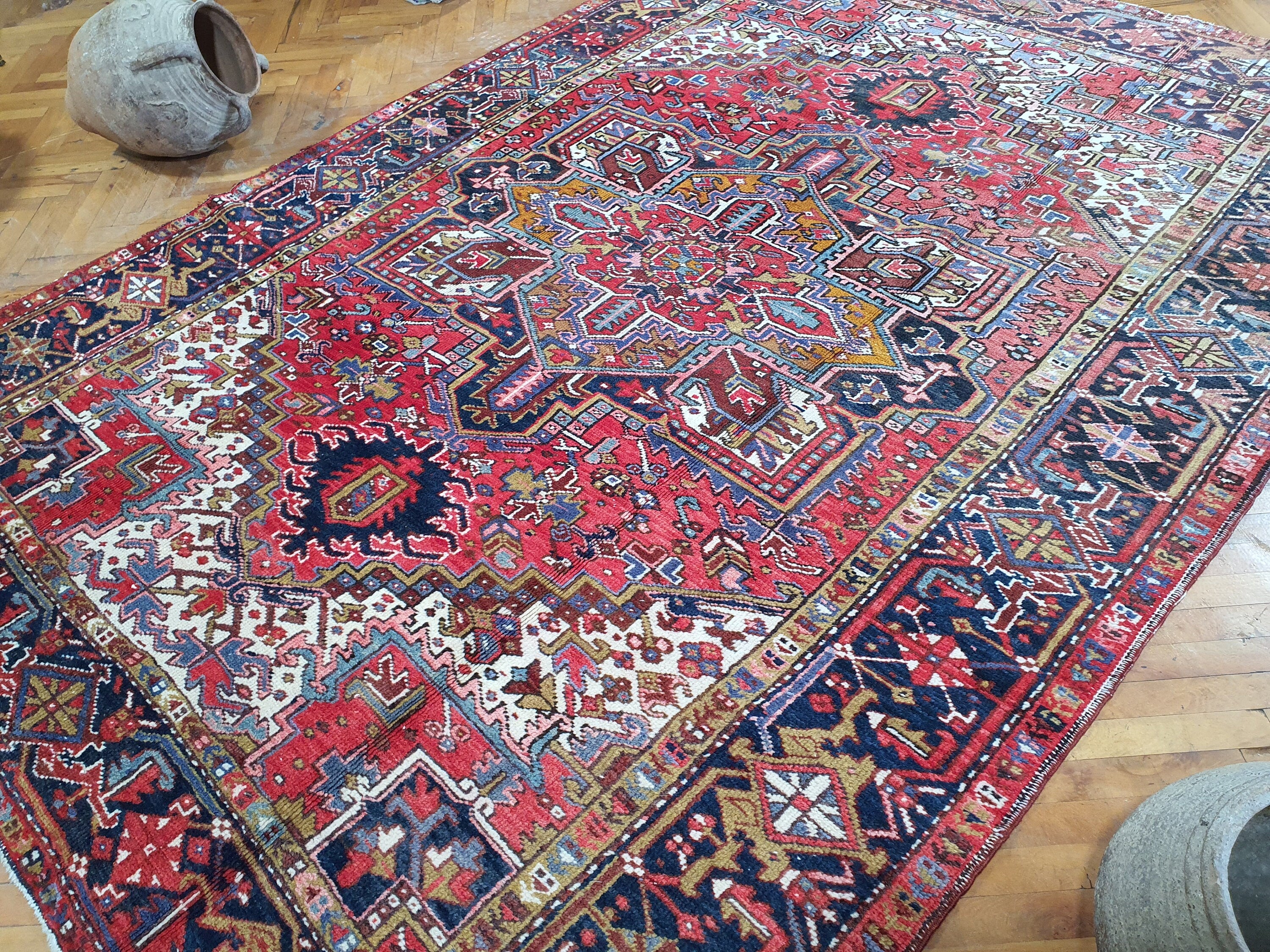 Red and Blue Persian Area Rug, 9'6'' x 6'9'' ft Vintage Turkish Tribal Organic Wool Rug, Recycled Oriental Design Rustic Floor Rug, Rug