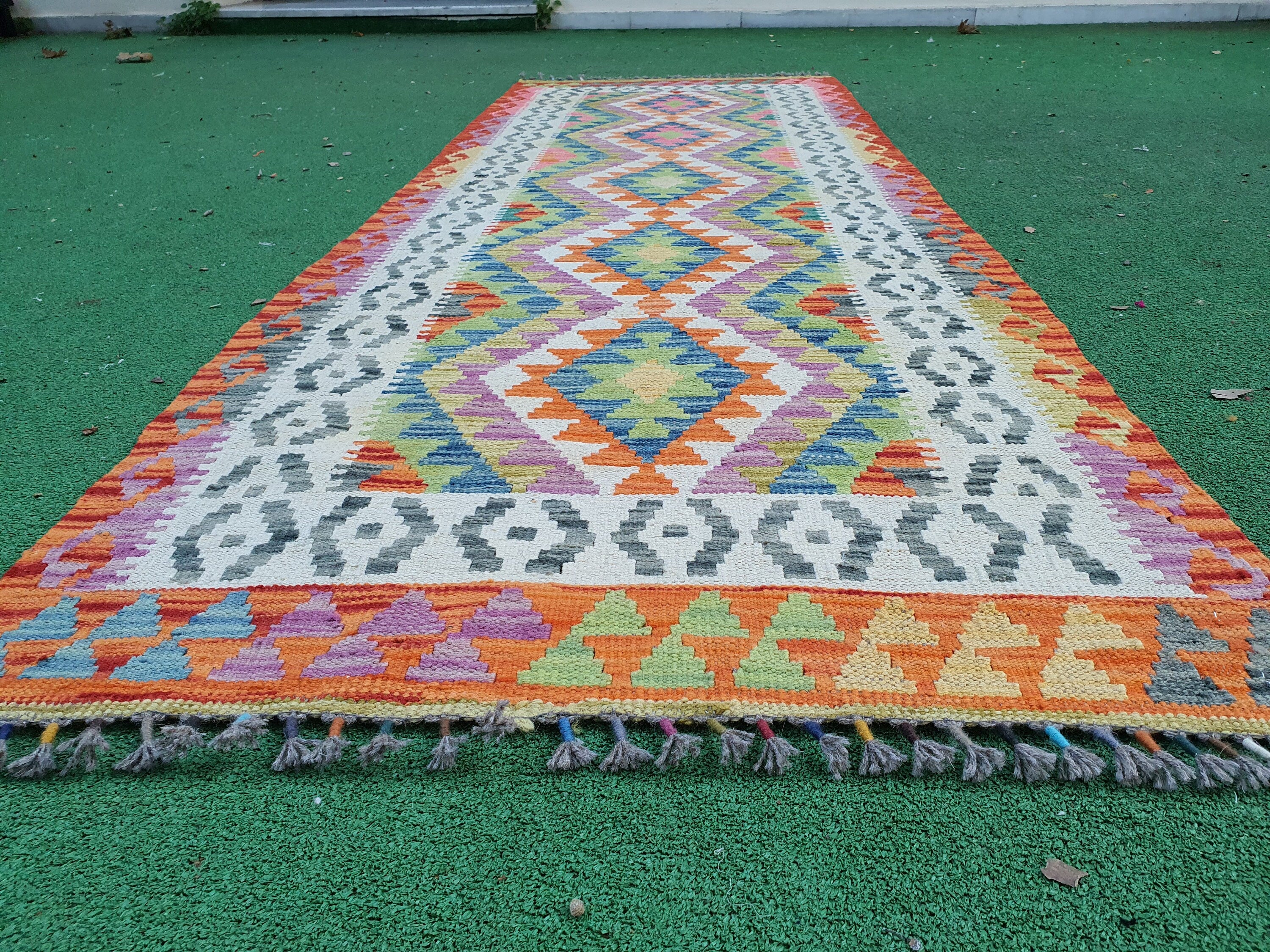 Purple White Orange Kilim, Hallway Runner Rug, Handmade Organic Wool Retro Style Persian Area Rug, Bohemian Rustic Home Decor 8'3"x2'8"