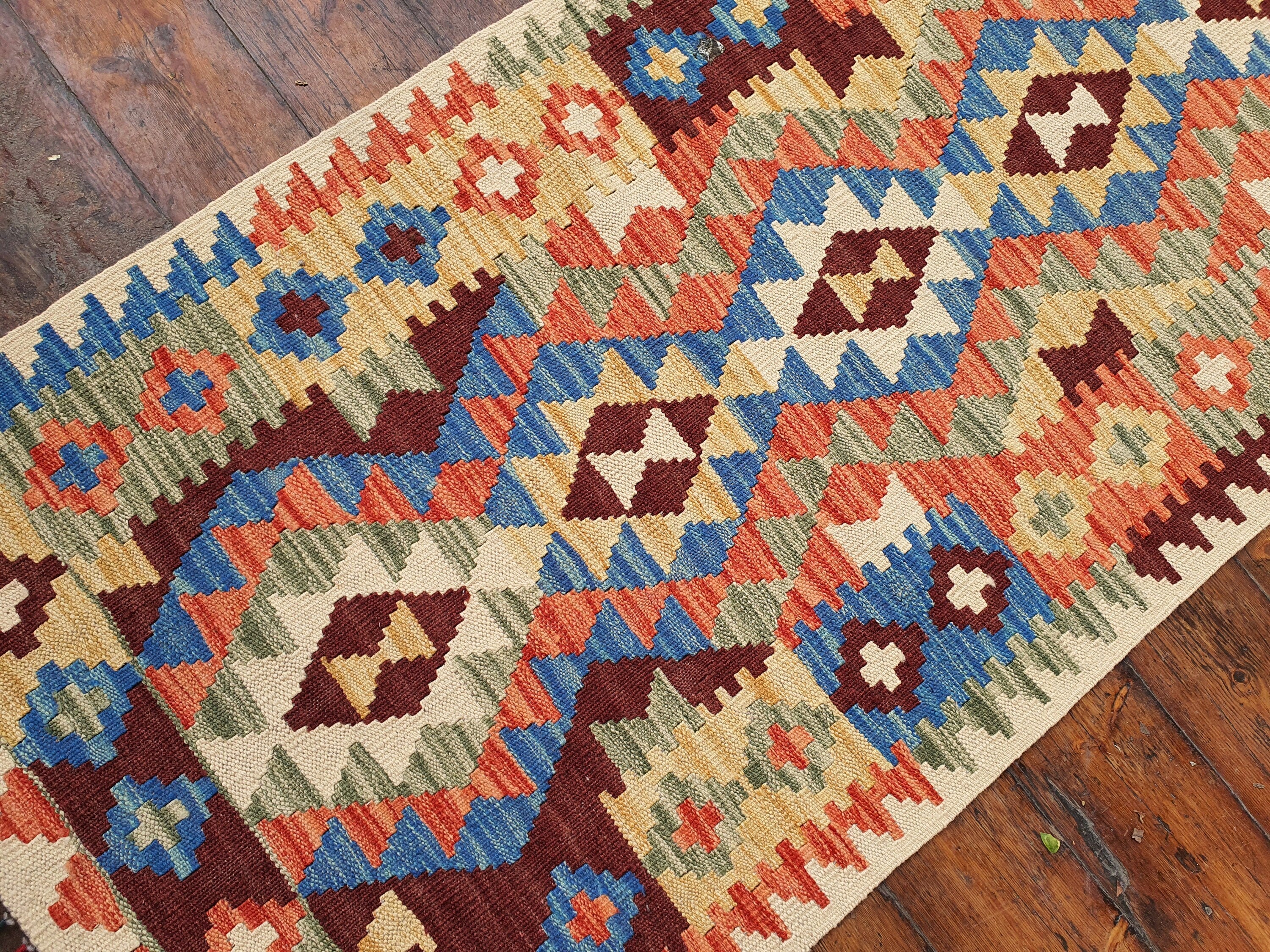 Vintage Kilim Runner Rug, 6 x 2 ft Blue Beige Afghan Hallway Kitchen Rug, Moroccan Boho Rustic Persian Carpet Handmade Farmhouse Floor Decor