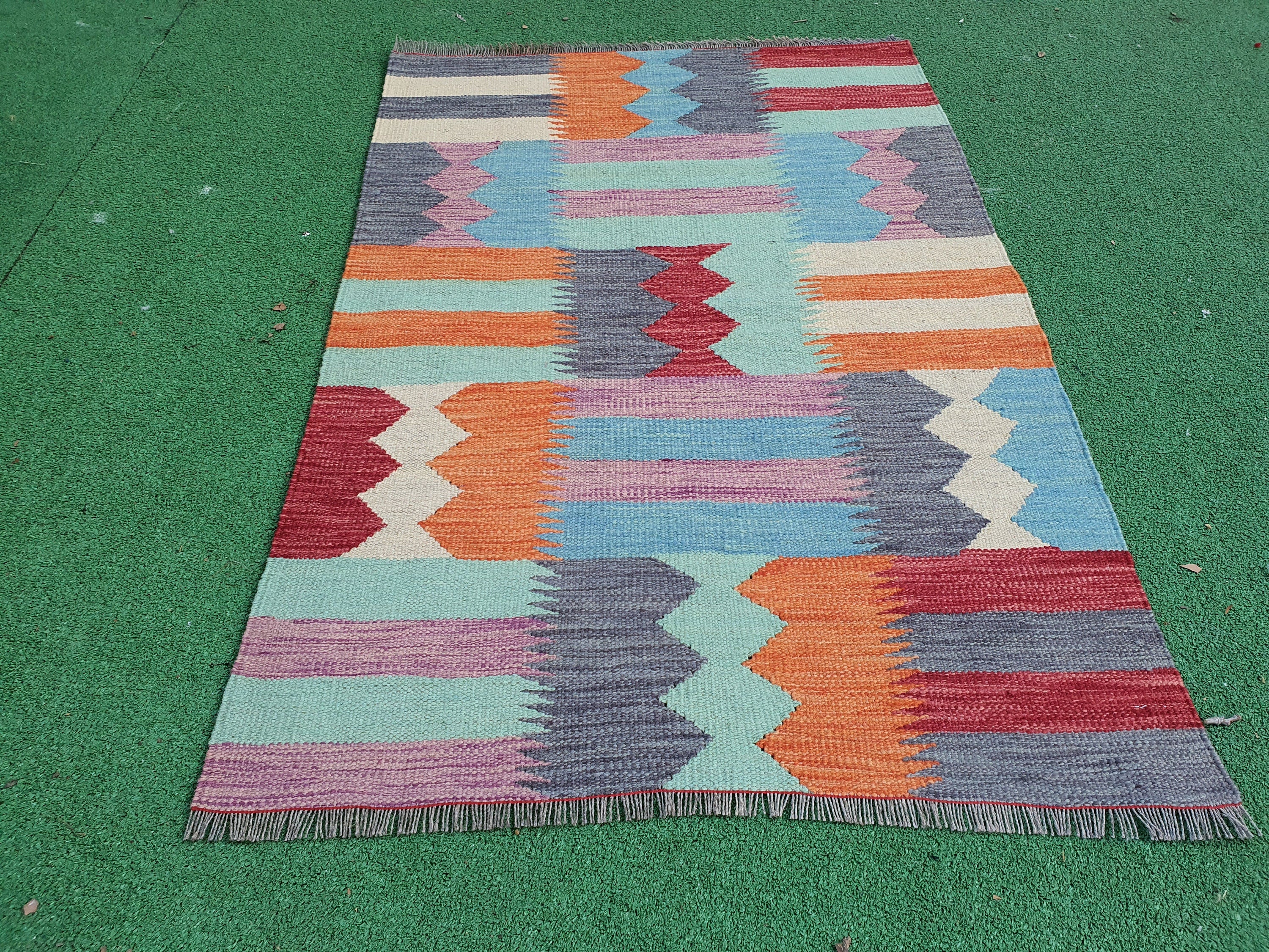 Oushak Vintage Kilim, 3 ft 9 in x 2 ft 7 in Blue Rust Red and Beige Contemporary Kilim