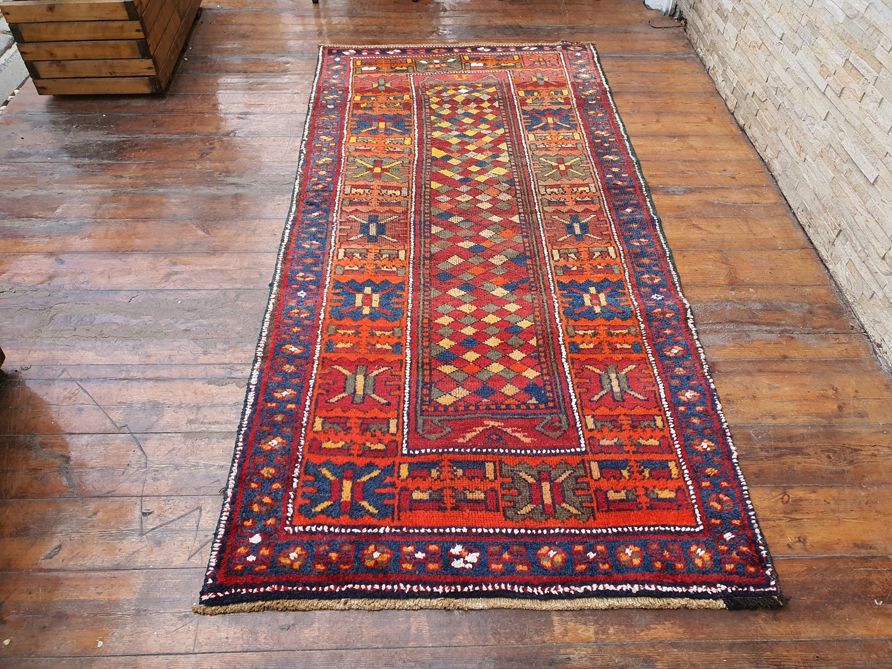 Red Orange Blue Antique Persian Area Rug 7x4 ft Vintage Turkish Tribal Natural Wool Rug, Recycled Oriental Design Rustic Bohemian Floor Rug