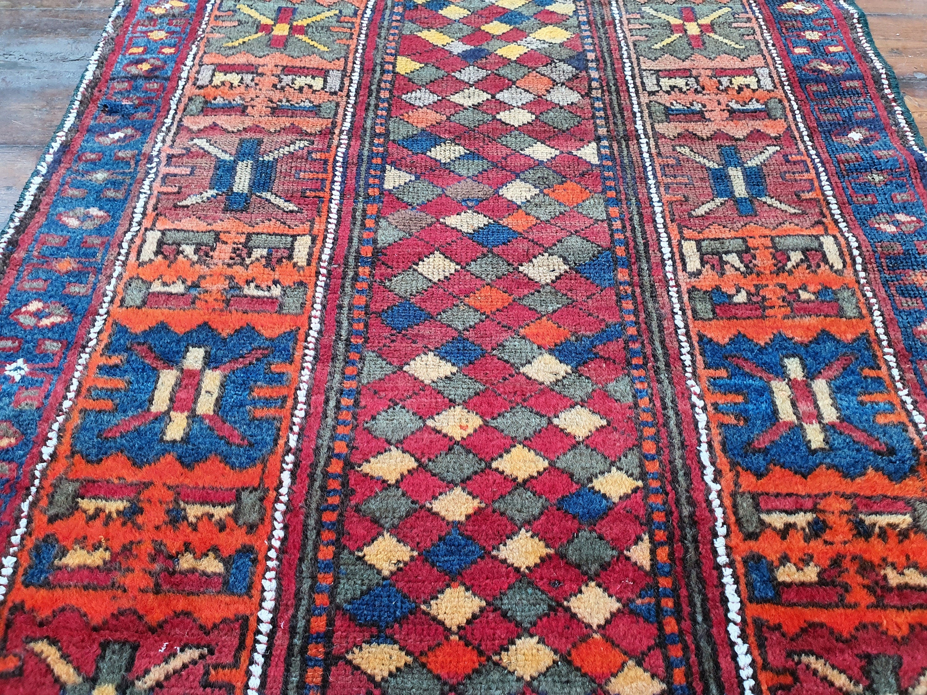 Red Orange Blue Antique Persian Area Rug 7x4 ft Vintage Turkish Tribal Natural Wool Rug, Recycled Oriental Design Rustic Bohemian Floor Rug