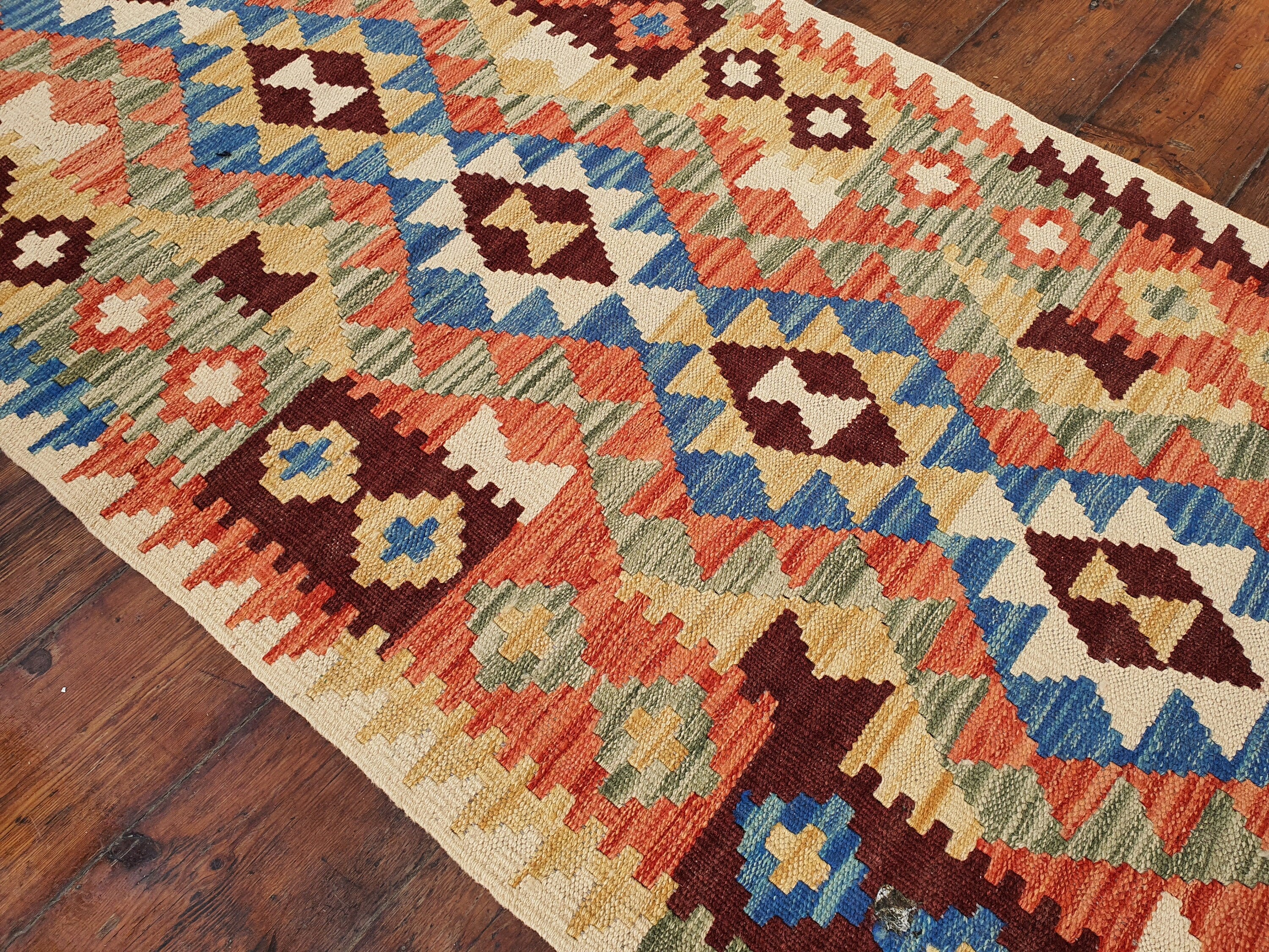 Vintage Kilim Runner Rug, 6 x 2 ft Blue Beige Afghan Hallway Kitchen Rug, Moroccan Boho Rustic Persian Carpet Handmade Farmhouse Floor Decor