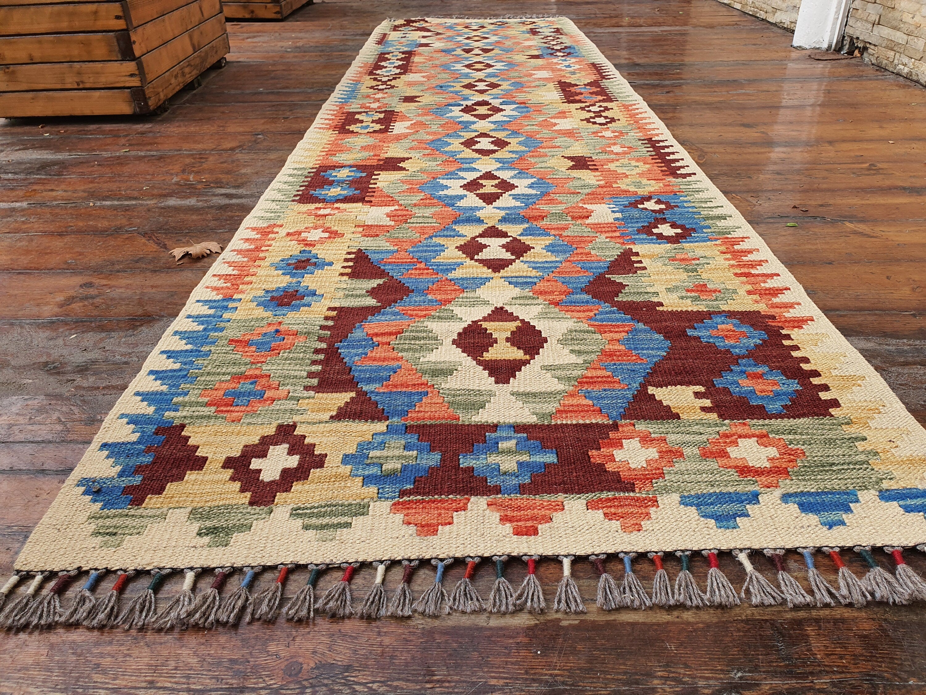 Vintage Kilim Runner Rug, 6 x 2 ft Blue Beige Afghan Hallway Kitchen Rug, Moroccan Boho Rustic Persian Carpet Handmade Farmhouse Floor Decor