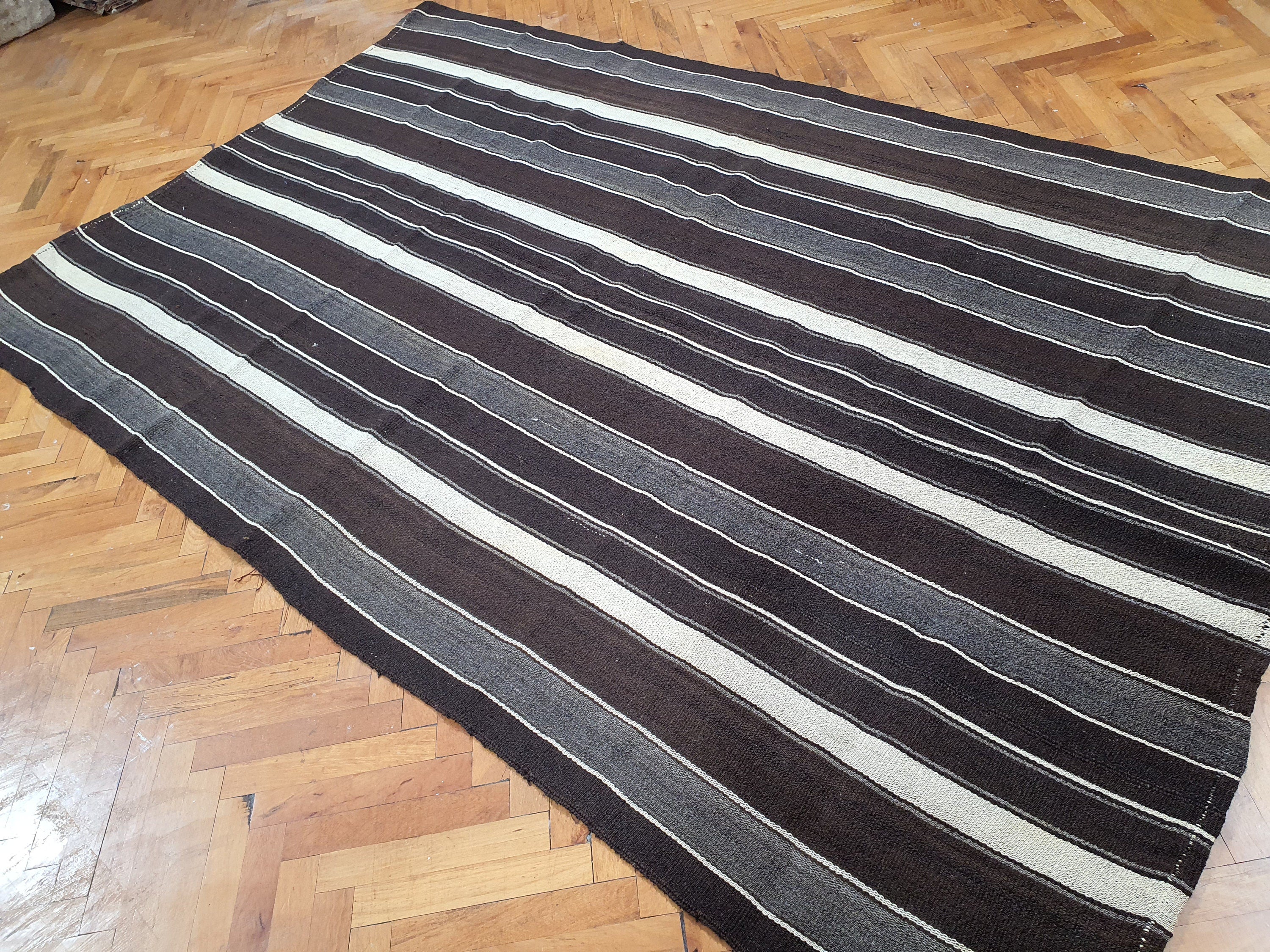 Turkish Kilim Rug, 8 x 5 ft Striped Black Grey White Kilim