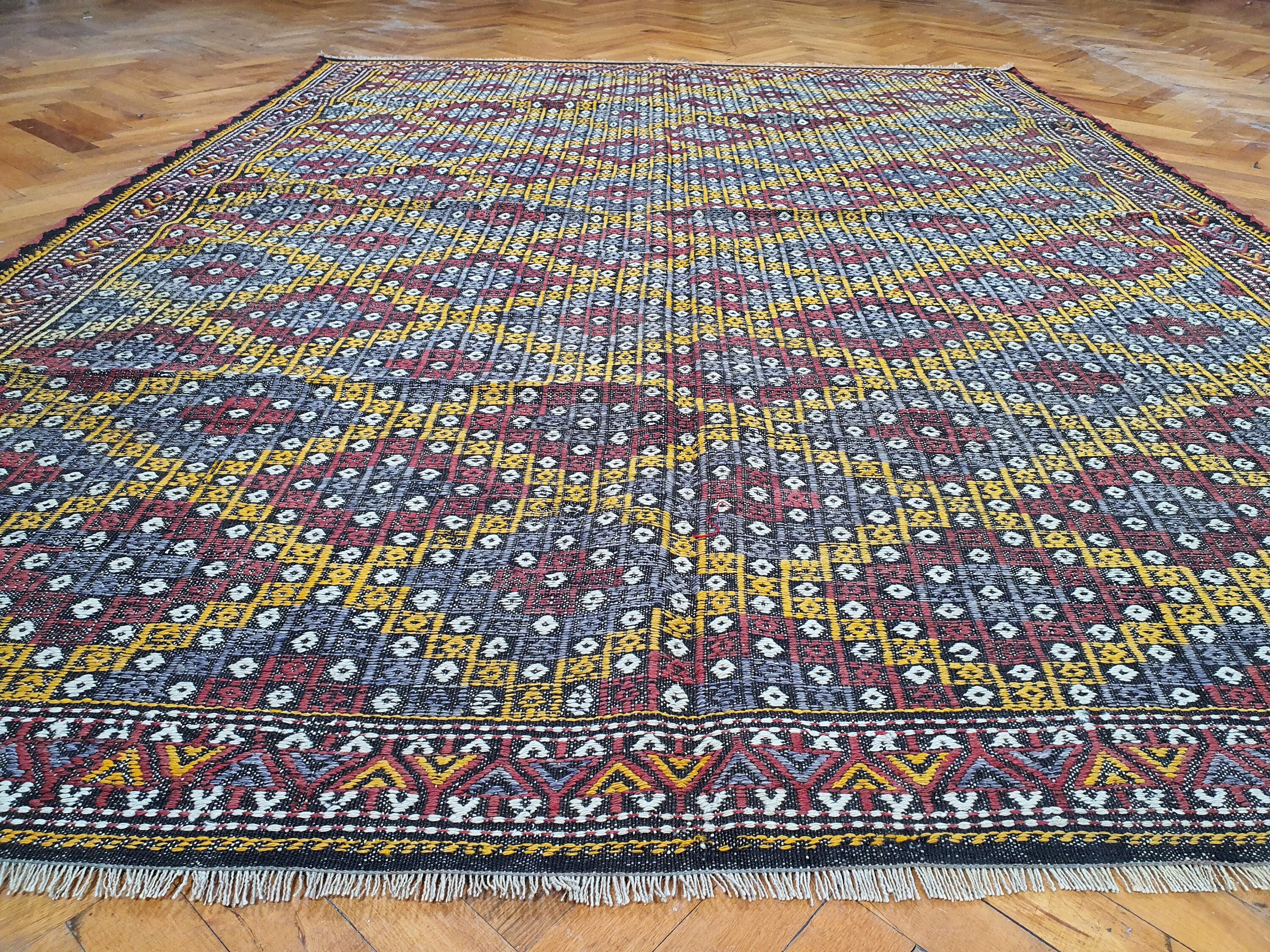 Tapis Kilim turc 9 x 7 pieds Tapis brodé Cicim marron beige orange, Kilim en laine fait main aztèque vintage du sud-ouest, tapis persan antique