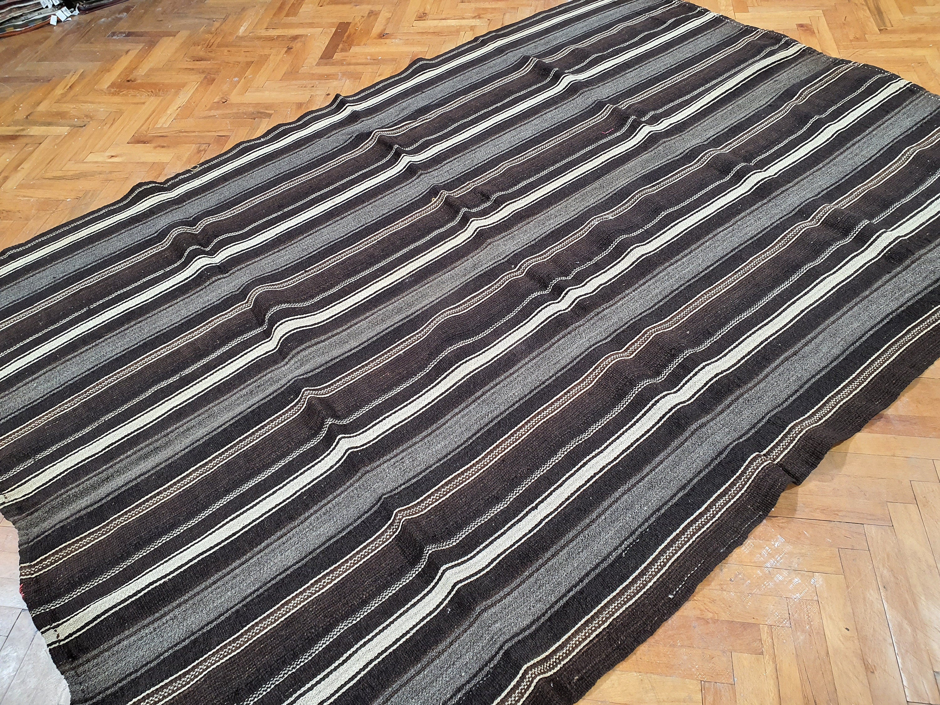 Turkish Kilim Rug, 8 x 6 ft Striped Black Grey White Kilim