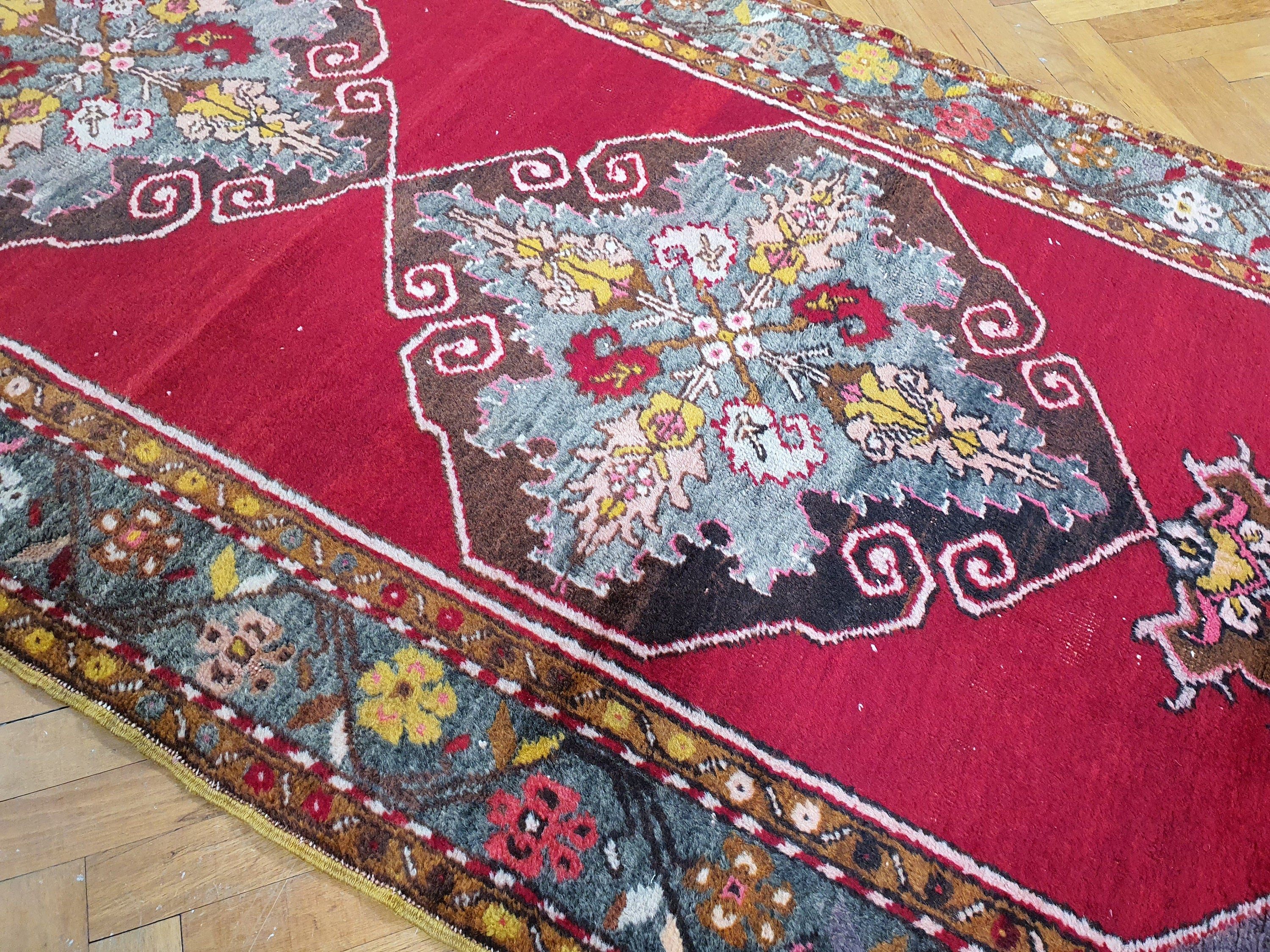 Sivas Turkey Hallway Runner, 11 x 3 ft Red Blue Brown Long Entryway Rug, Boho Rustic Handmade Natural Wool Persian Medallion Motif Corridor