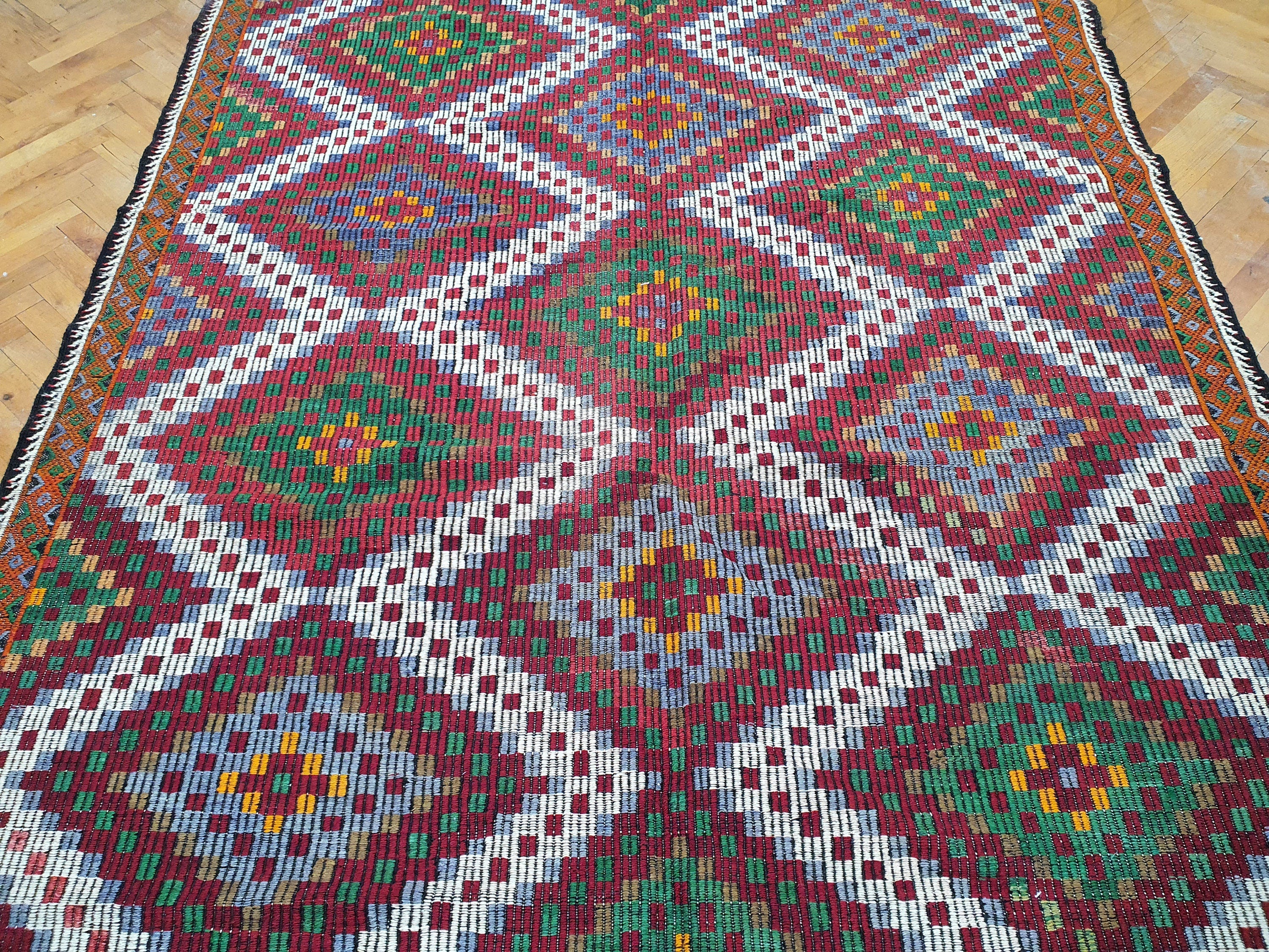 Turkish Kilim Rug 10 x 6 ft Green Orange & White on Brown Natural Wool Embroidered Vintage Cicim Floor Rug for Bohemian or Retro Home Decor
