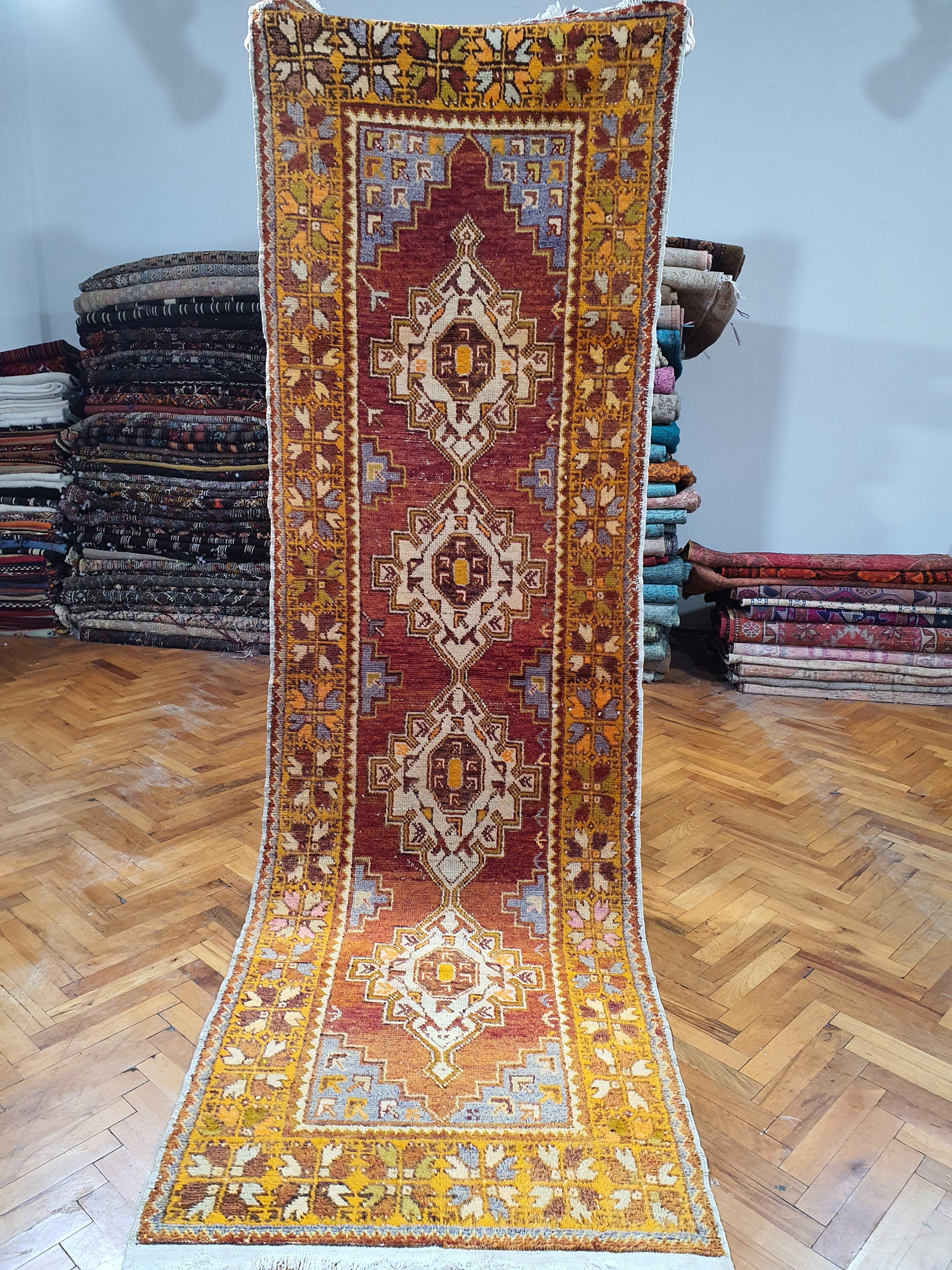 Sivas Turkey Hallway Runner, 9 x 2 ft Red Blue Brown Long Entryway Rug, Boho Rustic Handmade Natural Wool Persian Medallion Motif Corridor