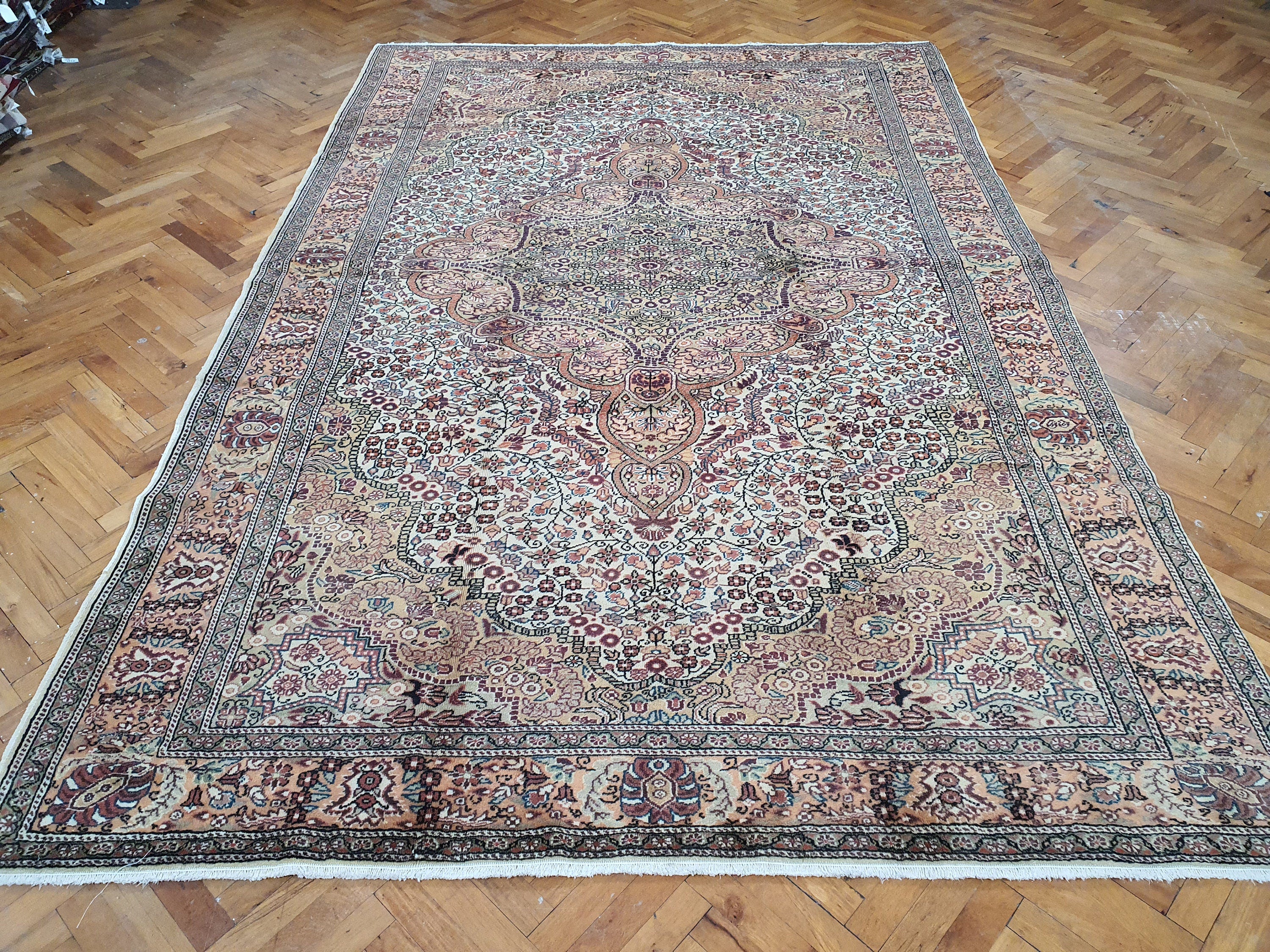 Kayseri Turkish Rug, Pink White Brown Floral Vintage Handmade Natural Wool Rug 9'8"x6'6"