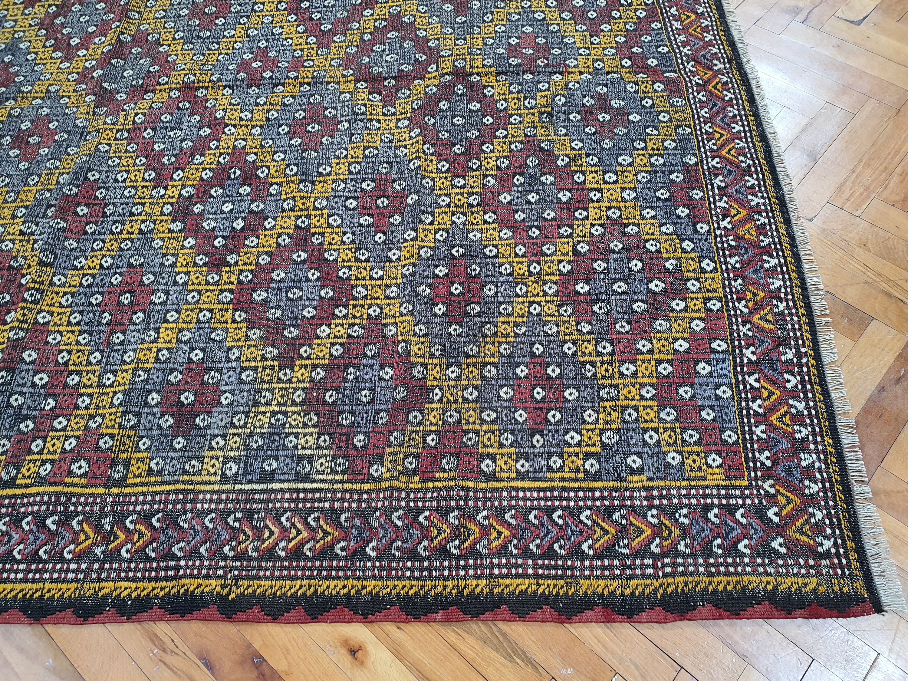 Tapis Kilim turc 9 x 7 pieds Tapis brodé Cicim marron beige orange, Kilim en laine fait main aztèque vintage du sud-ouest, tapis persan antique