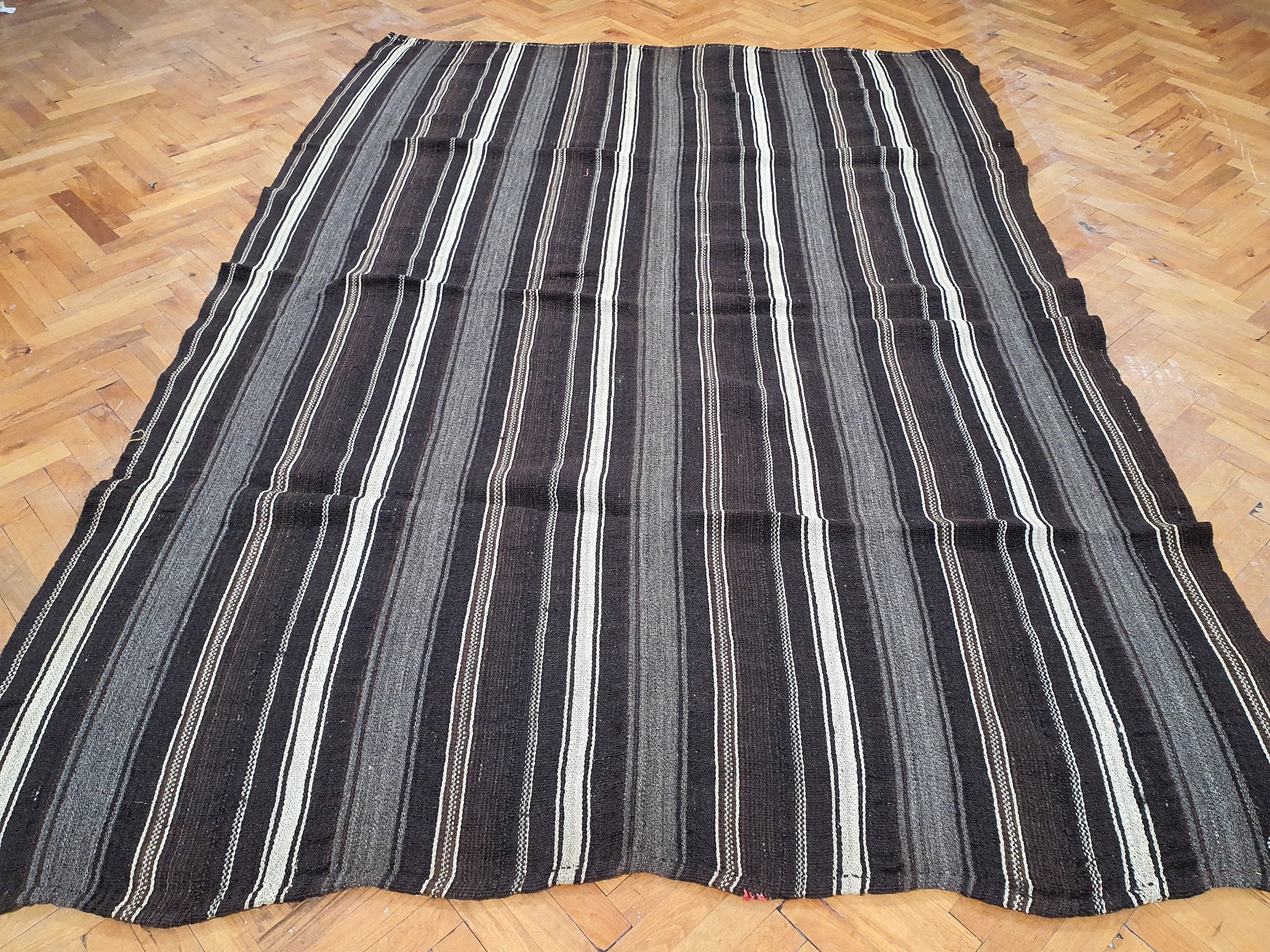 Turkish Kilim Rug, 8 x 6 ft Striped Black Grey White Kilim