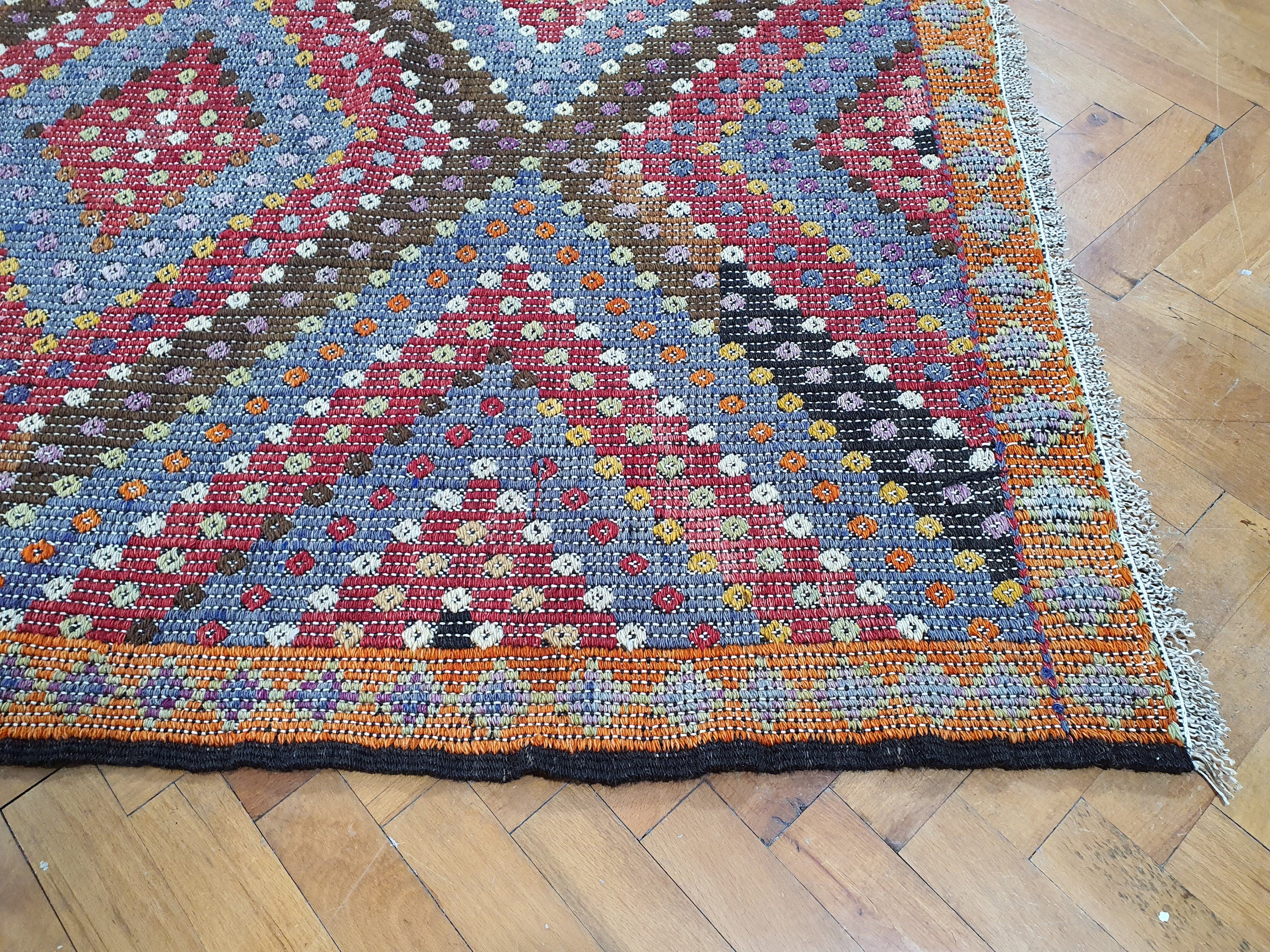 Brown Turkish Kilim Rug, 11 x 6 ft Red Blue & White Turkish Cicim Embroidery on Turkish Kilim, Boho Rustic Natural Wool Handmade Persian Rug