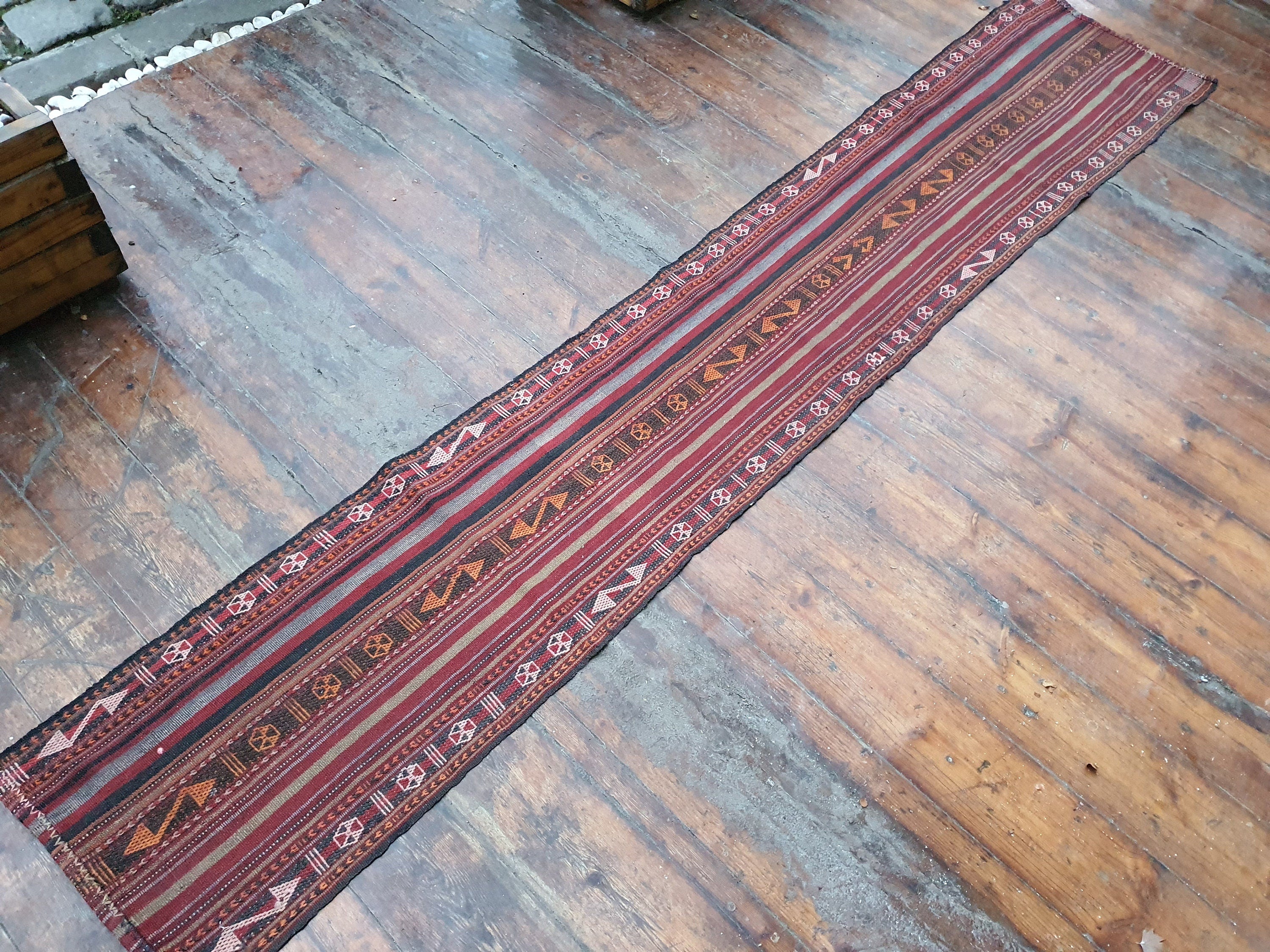 Long Turkish Runner 8 x 1 ft Brown Green White Entryway or  Hall Rug