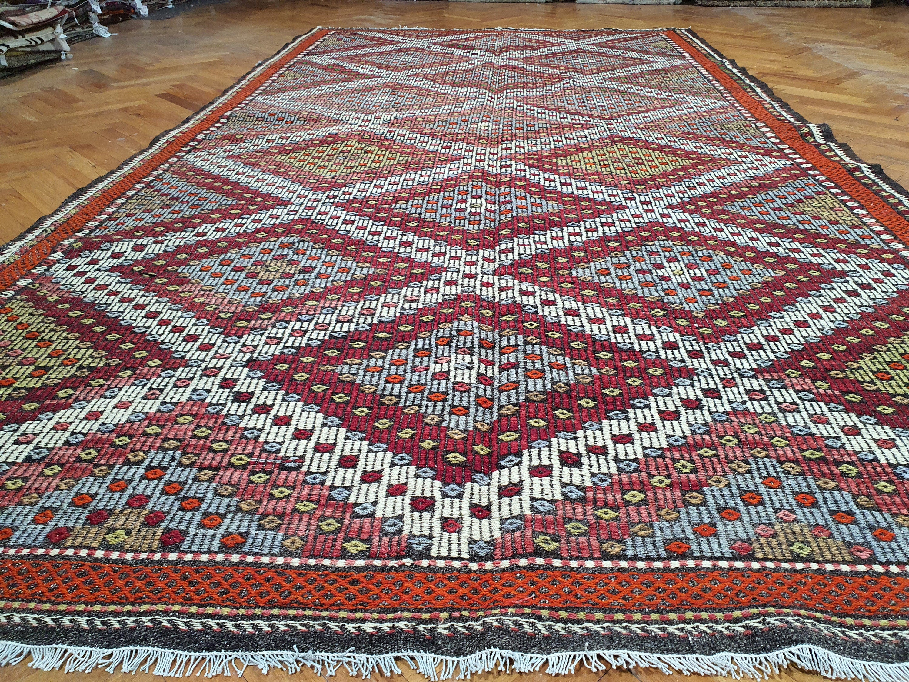Turkish Anatolian Kilim Rug 11 x 6 ft Large Minimalist 100% Natural Wool Floor Covering, Moroccan Berber Style Handmade Wool Boho Rustic Rug