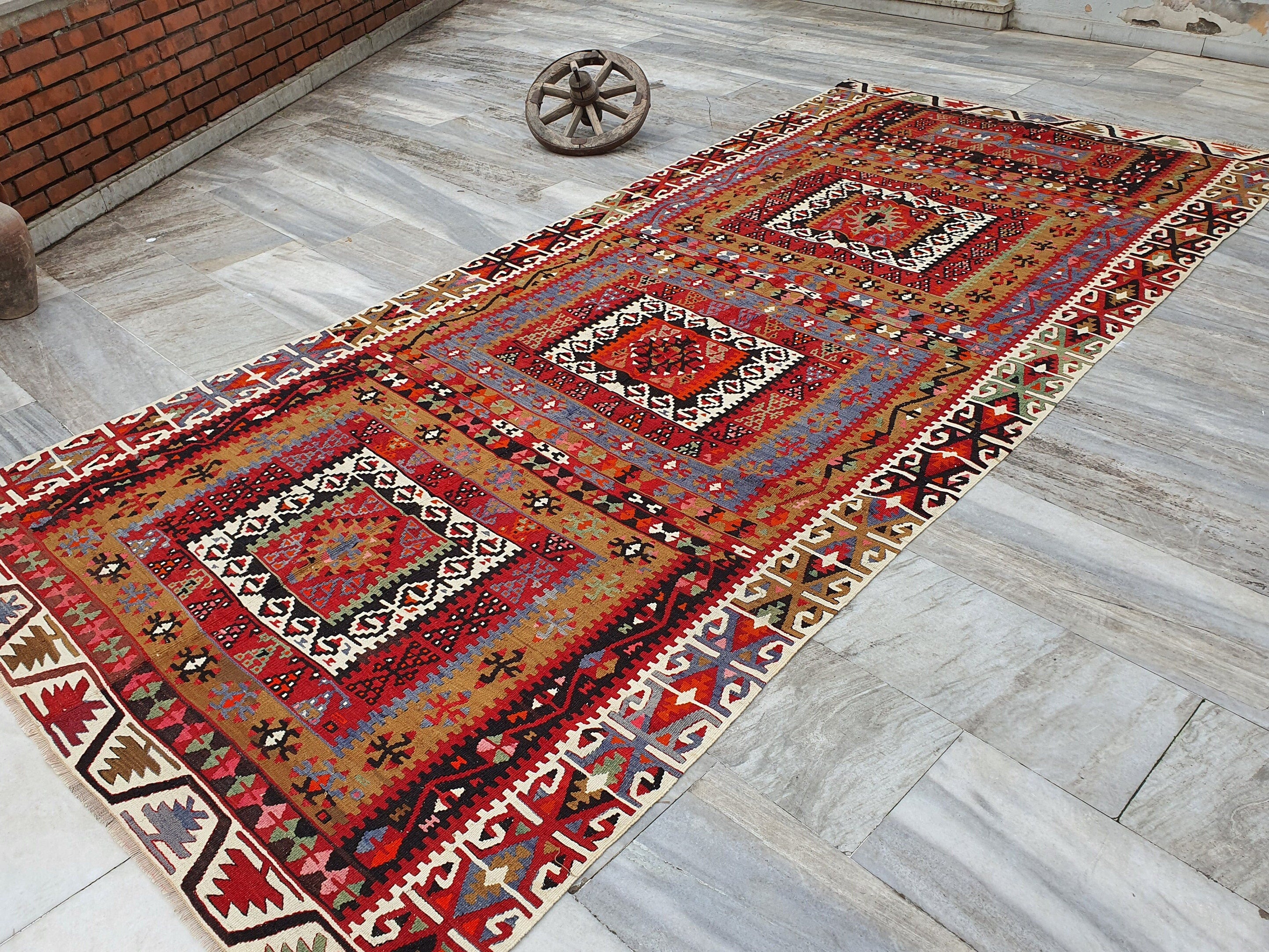 Kayseri Turkish Kilim Rug, Handmade Organic Wool Vintage Rug, Boho Rustic Anatolian Home Decor, Moroccan Carpet Persian Area Rug 11'7"x5'2"
