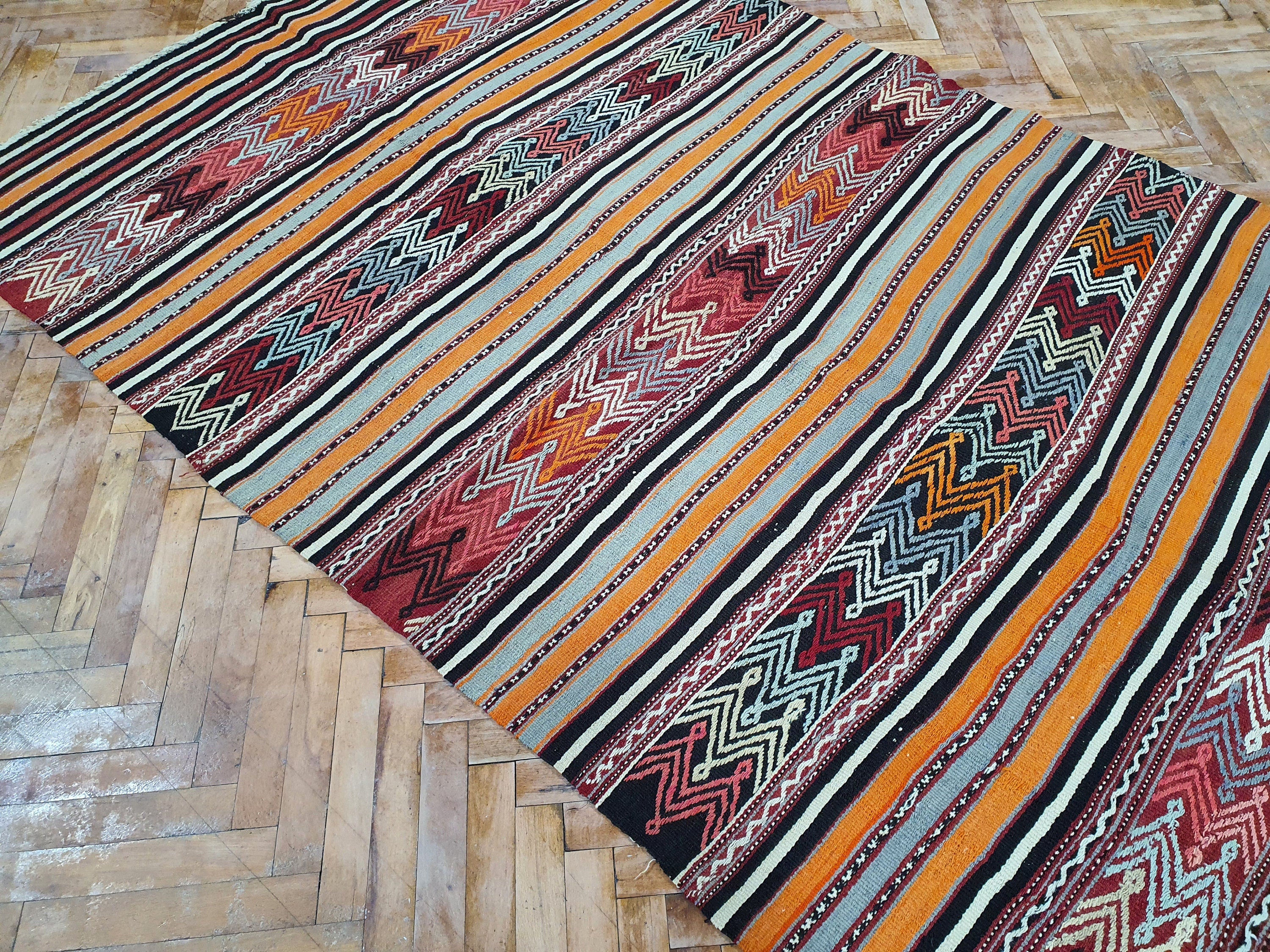 Tribal Kilim Rug, Living Room Rug, Rustic Rug, Organic Wool Rug, Antique Rugs, Ethnic Boho Brown and Orange Persian Area Rug 7'9''x4'6'' ft