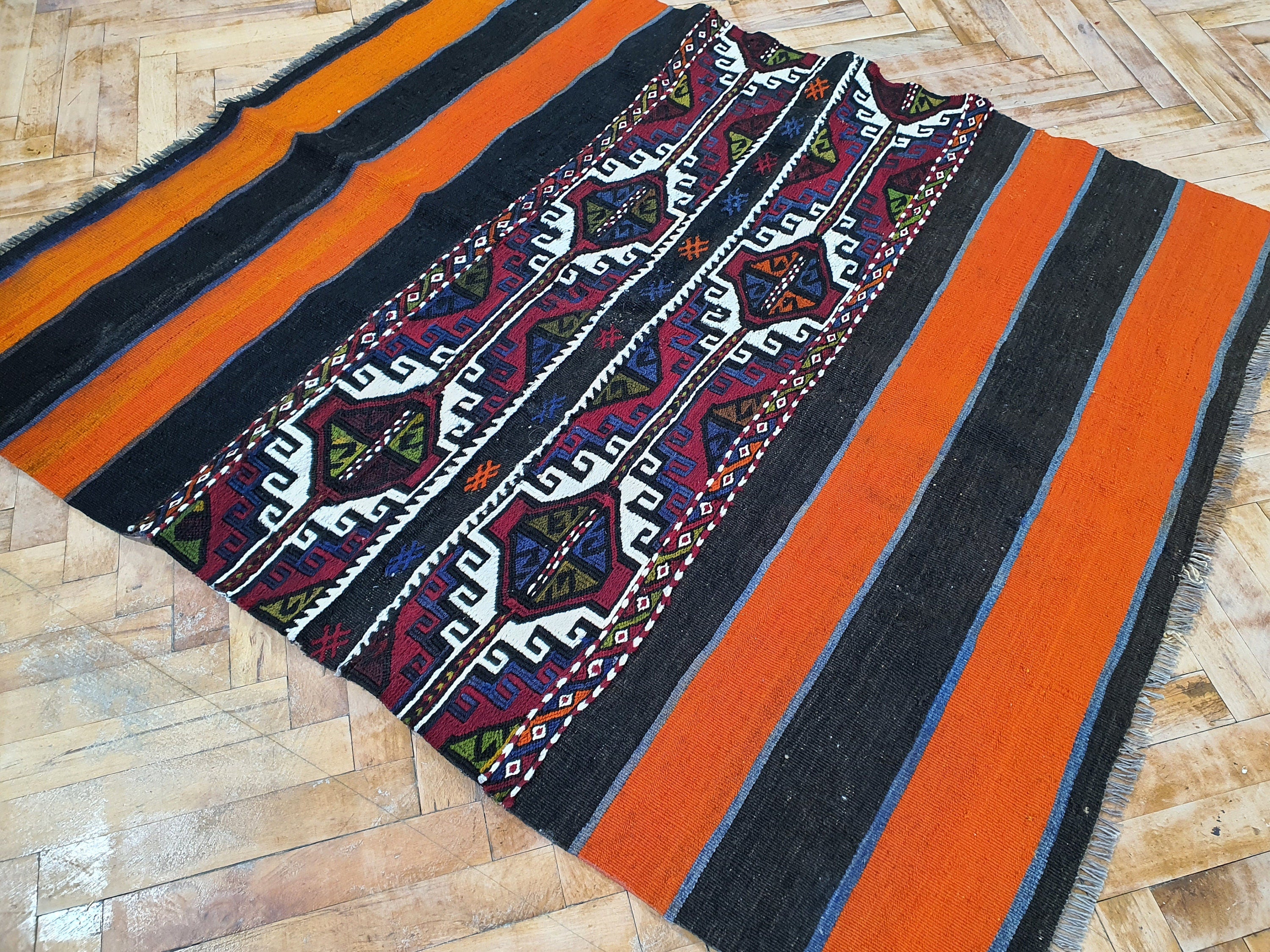 Turkish Kilim Rug, 4 ft 3 in x 3 ft 6 in,Terracotta and Brown Vintage Cicim Embroidered Kilim Rug