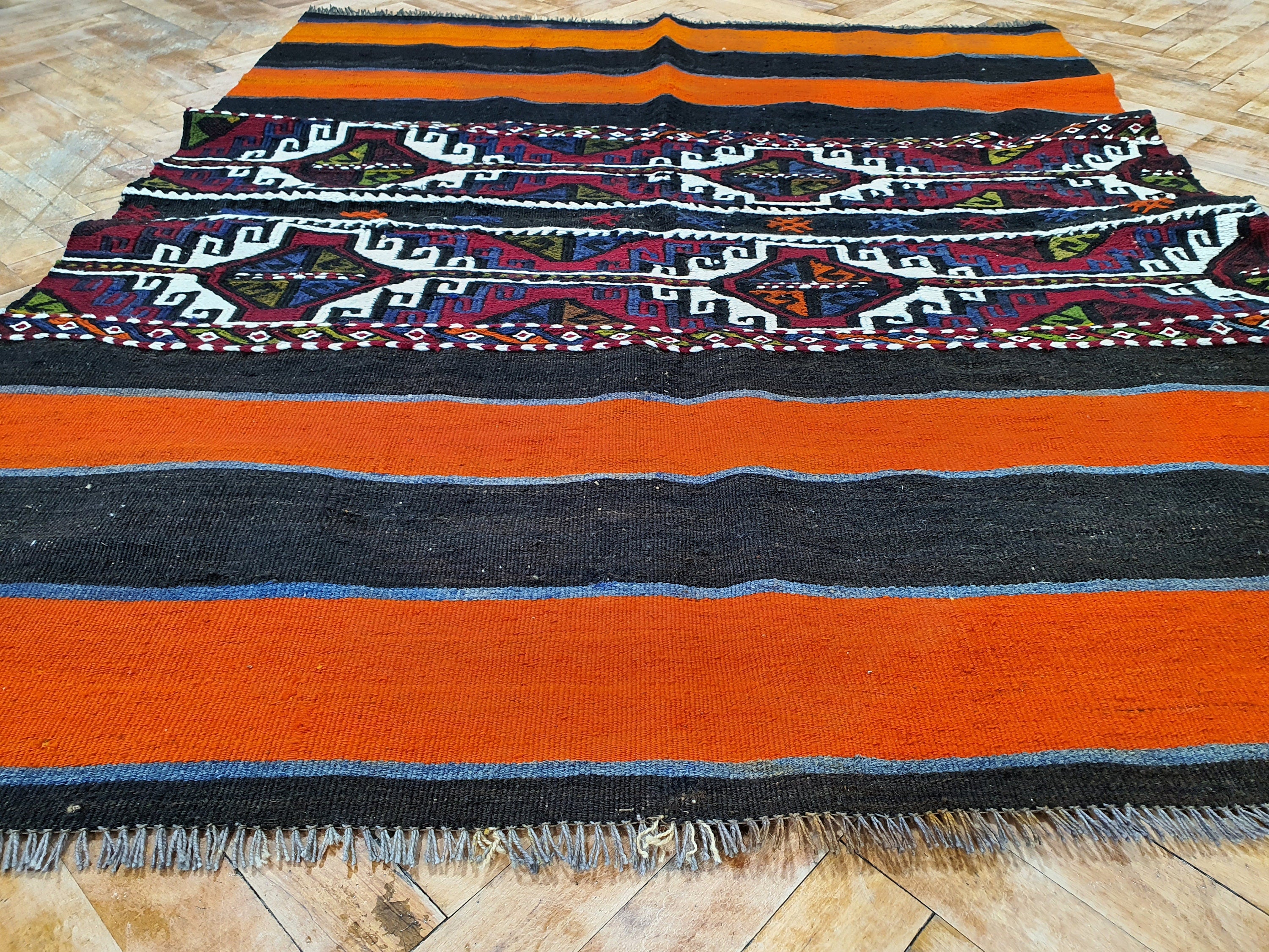 Turkish Kilim Rug, 4 ft 3 in x 3 ft 6 in,Terracotta and Brown Vintage Cicim Embroidered Kilim Rug