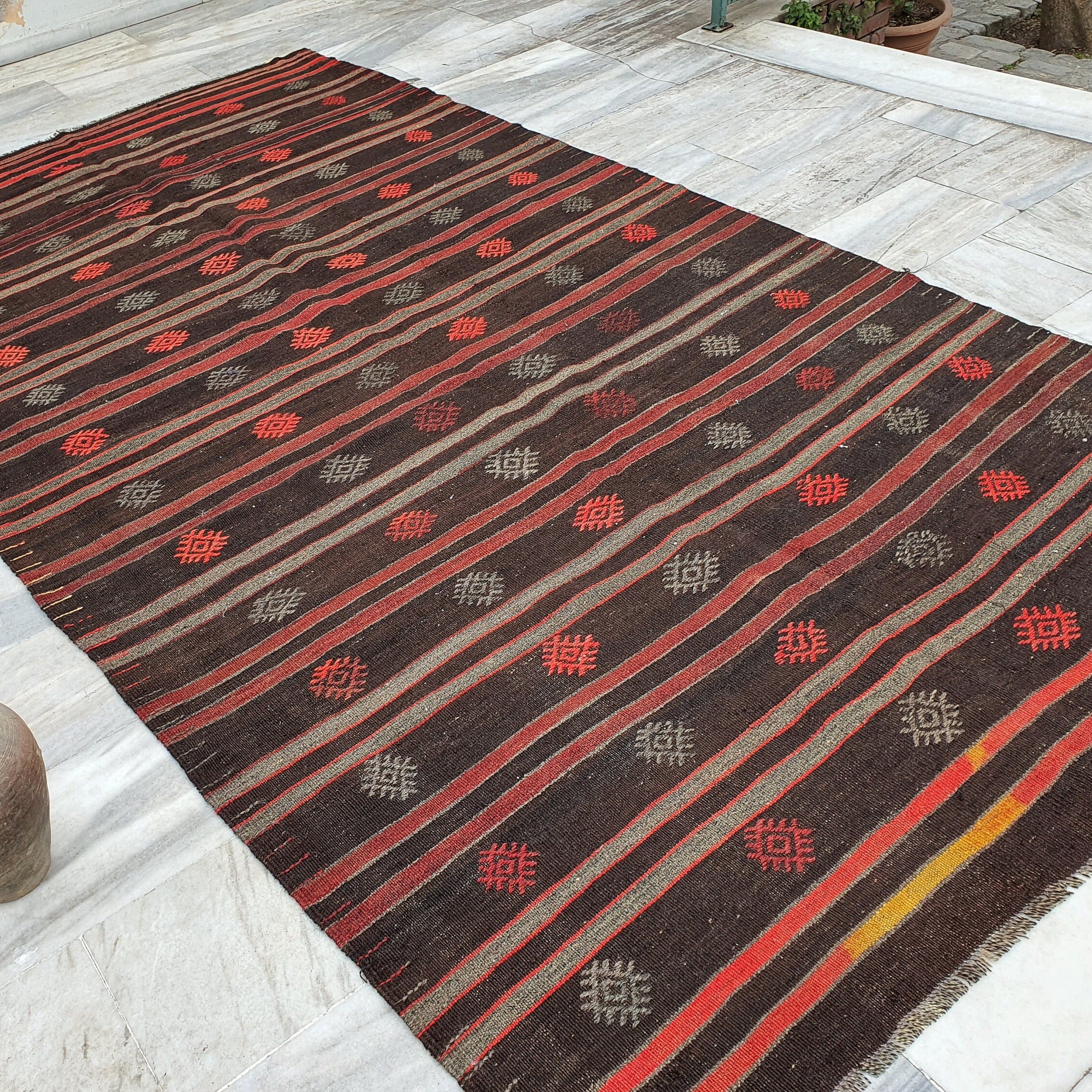 Turkish Kilim Floor Rug 11 x 6 ft X Long Brown and Orange Striped Embroidered Cicim for Lounge Kitchen Bedroom, Boho Rustic Persian Area Rug