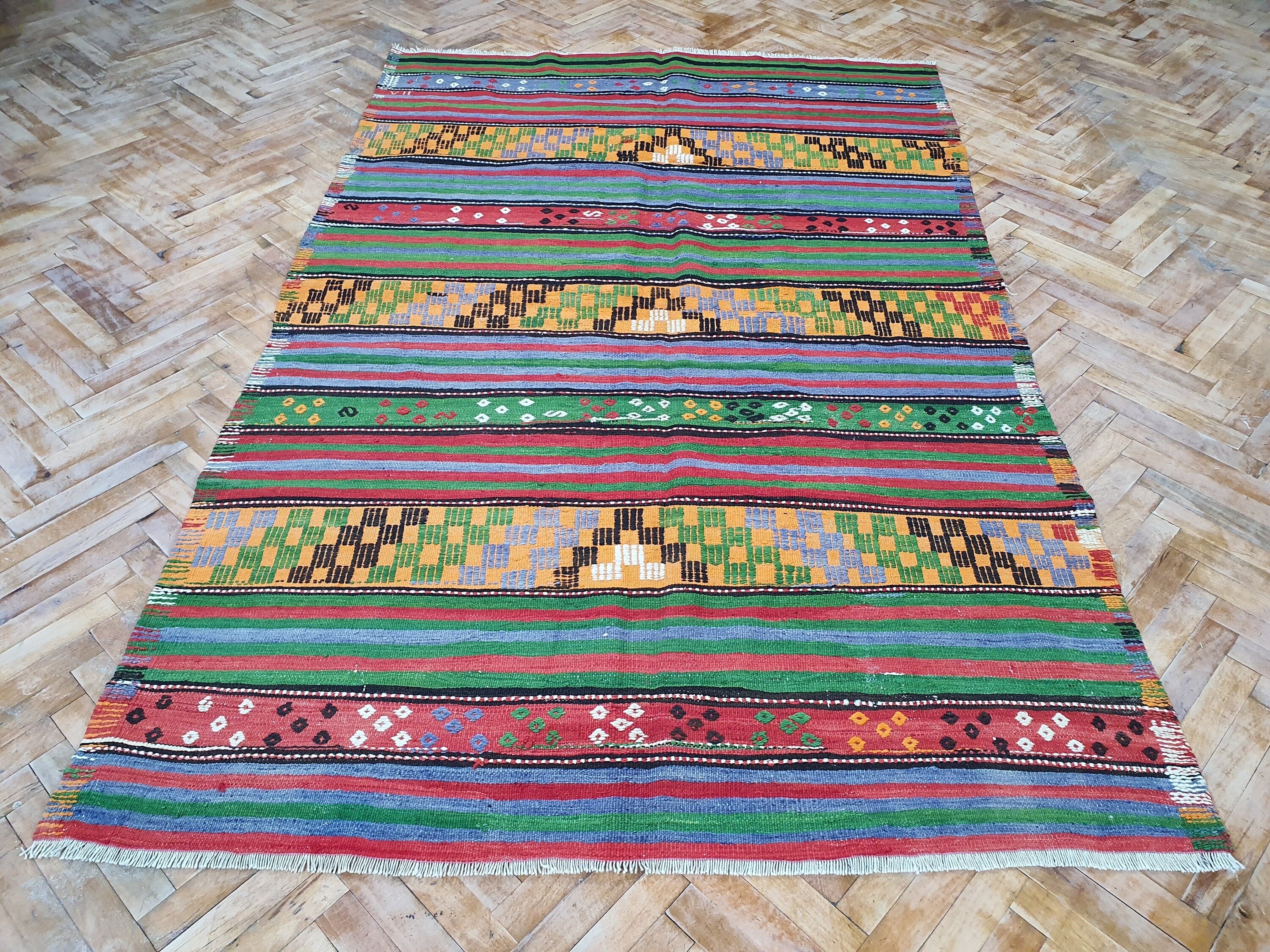 Vintage Decor Persian Area Kilim Living Room, Moroccan Style Handwoven Wool Rug, Bohemian Decor Rustic Rug, Colorful Turkish Rug 7'9''x'5'ft