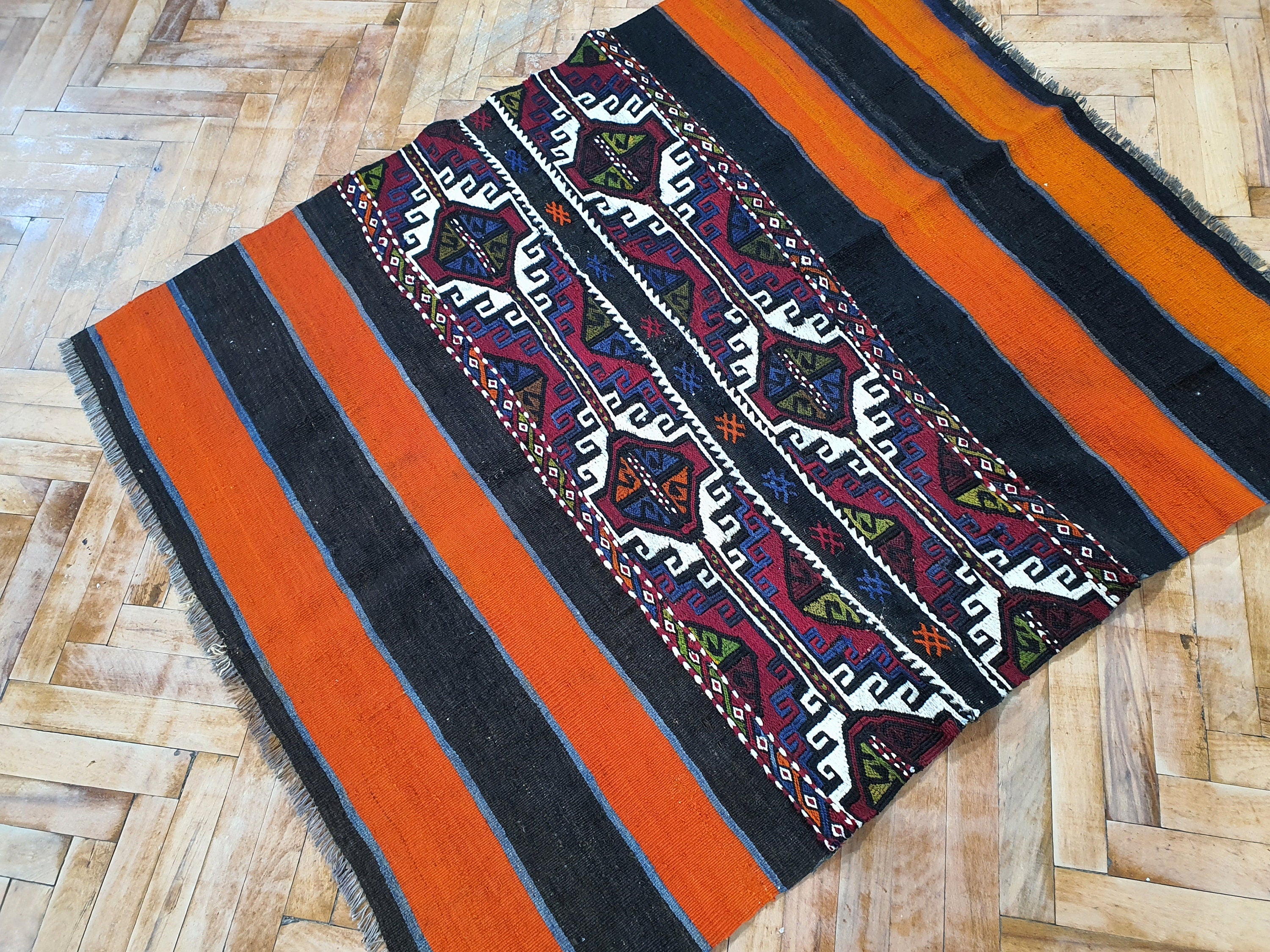 Turkish Kilim Rug, 4 ft 3 in x 3 ft 6 in,Terracotta and Brown Vintage Cicim Embroidered Kilim Rug