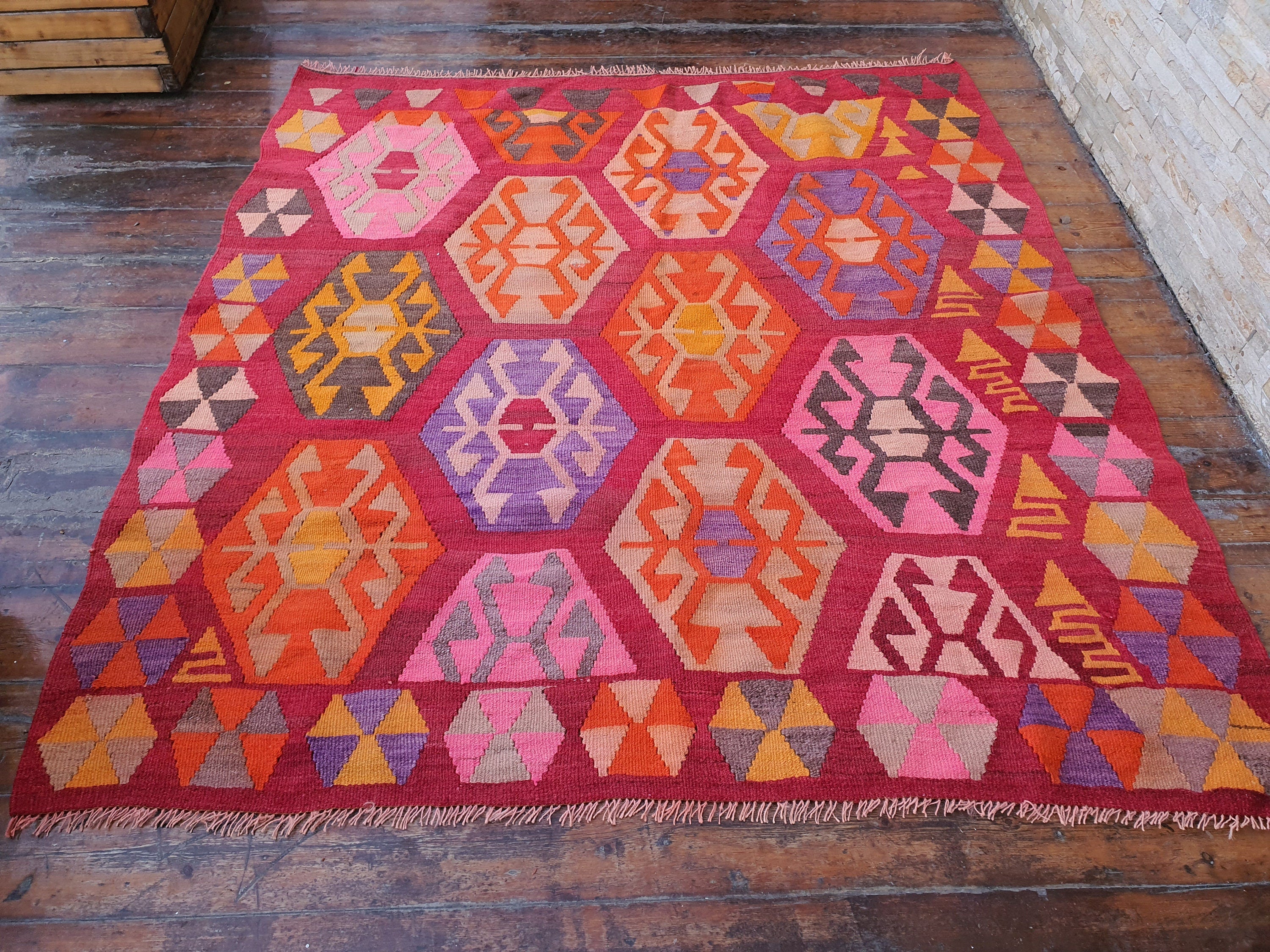 Turkish Kilim Rug,5 x 5 ft Orange Brown and Pink Handmade Natural Wool Living Room Rug