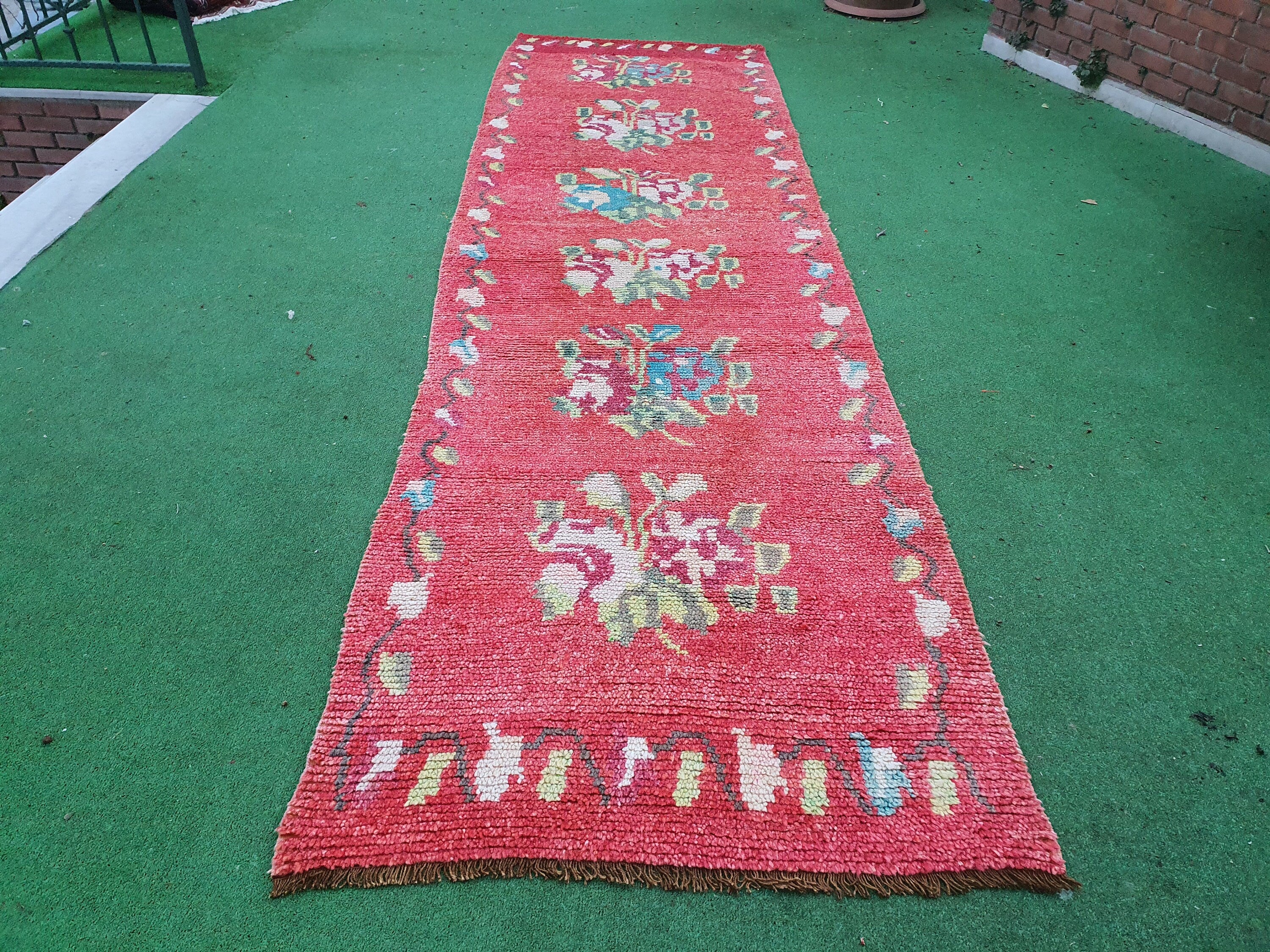 Herki Turkish Runner Rug 12 x 3 ft Long Persian Moroccan Style Natural Wool Recycled Rug, Bohemian Rustic Decor Vintage Oriental Hallway Rug