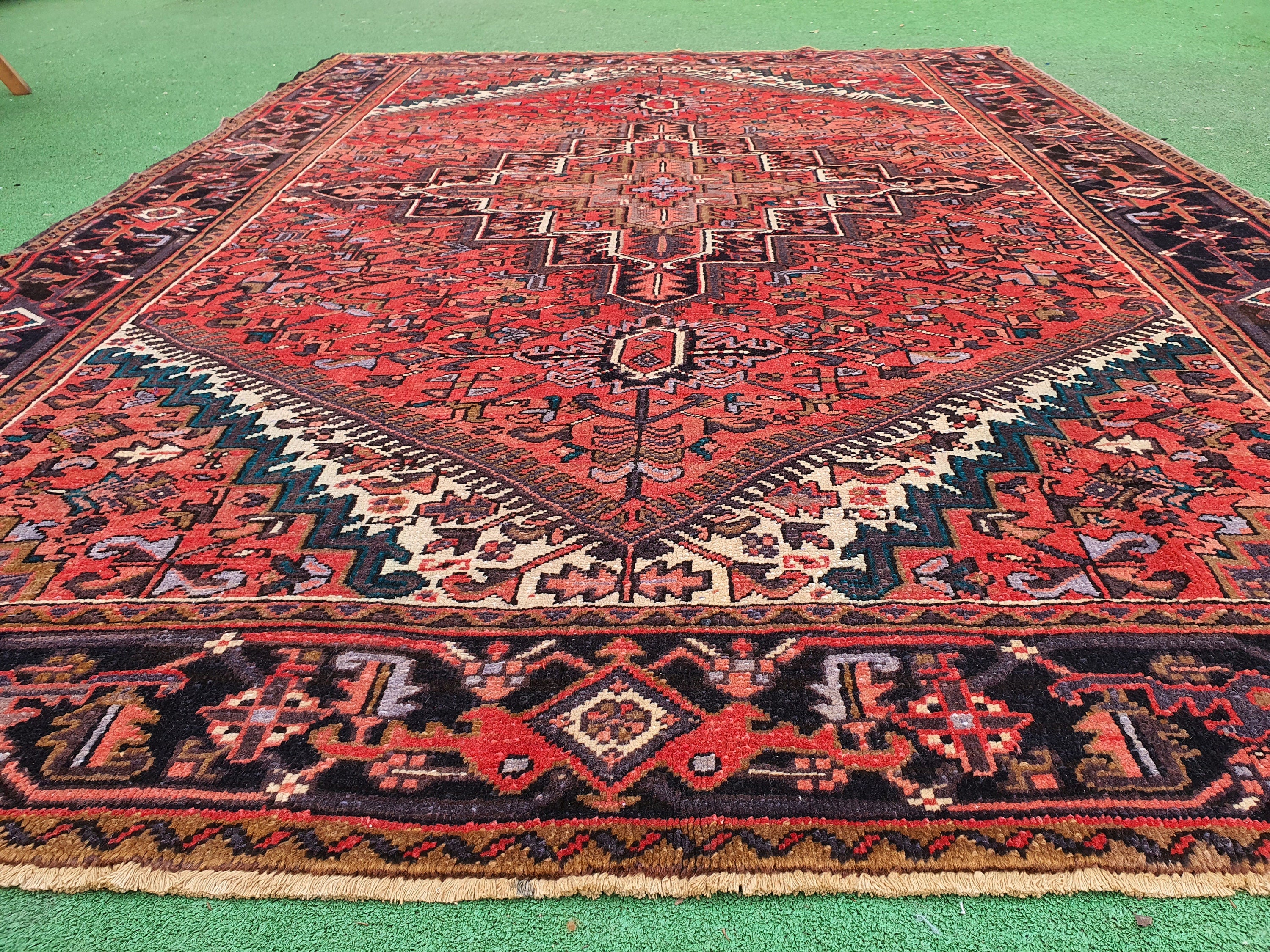 Persian Area Rug 9 x 7 ft, Red Blue and White Vintage Tribal Nomadic C