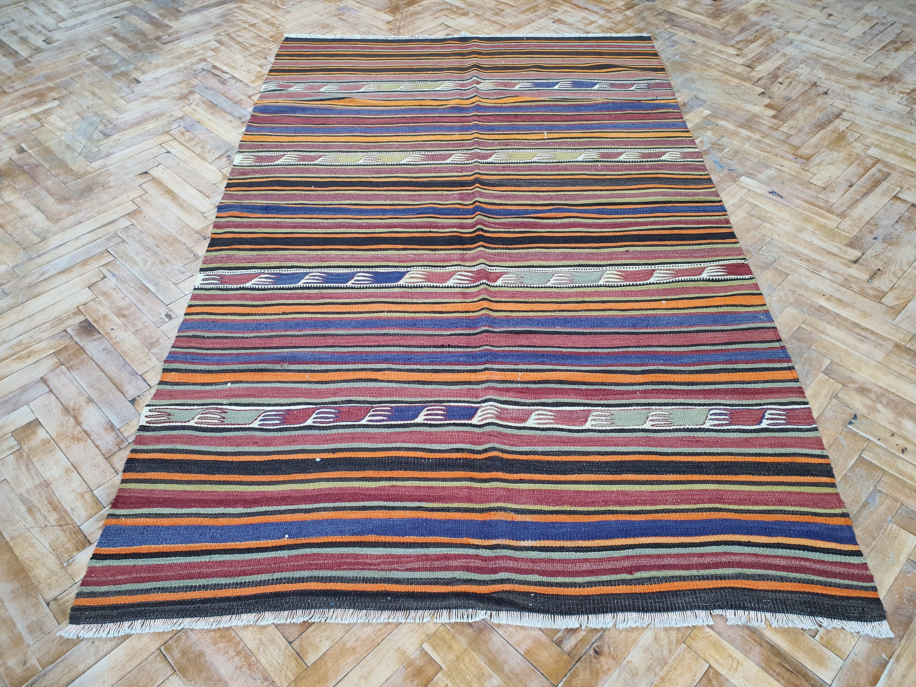 Oushak Vintage Bohemian Turkish Kilim Rustic Floor Rug, Handmade Organic Wool Persian Area Rug, Colorful Anatolian Recycled Rug 7'2"x4'6''ft