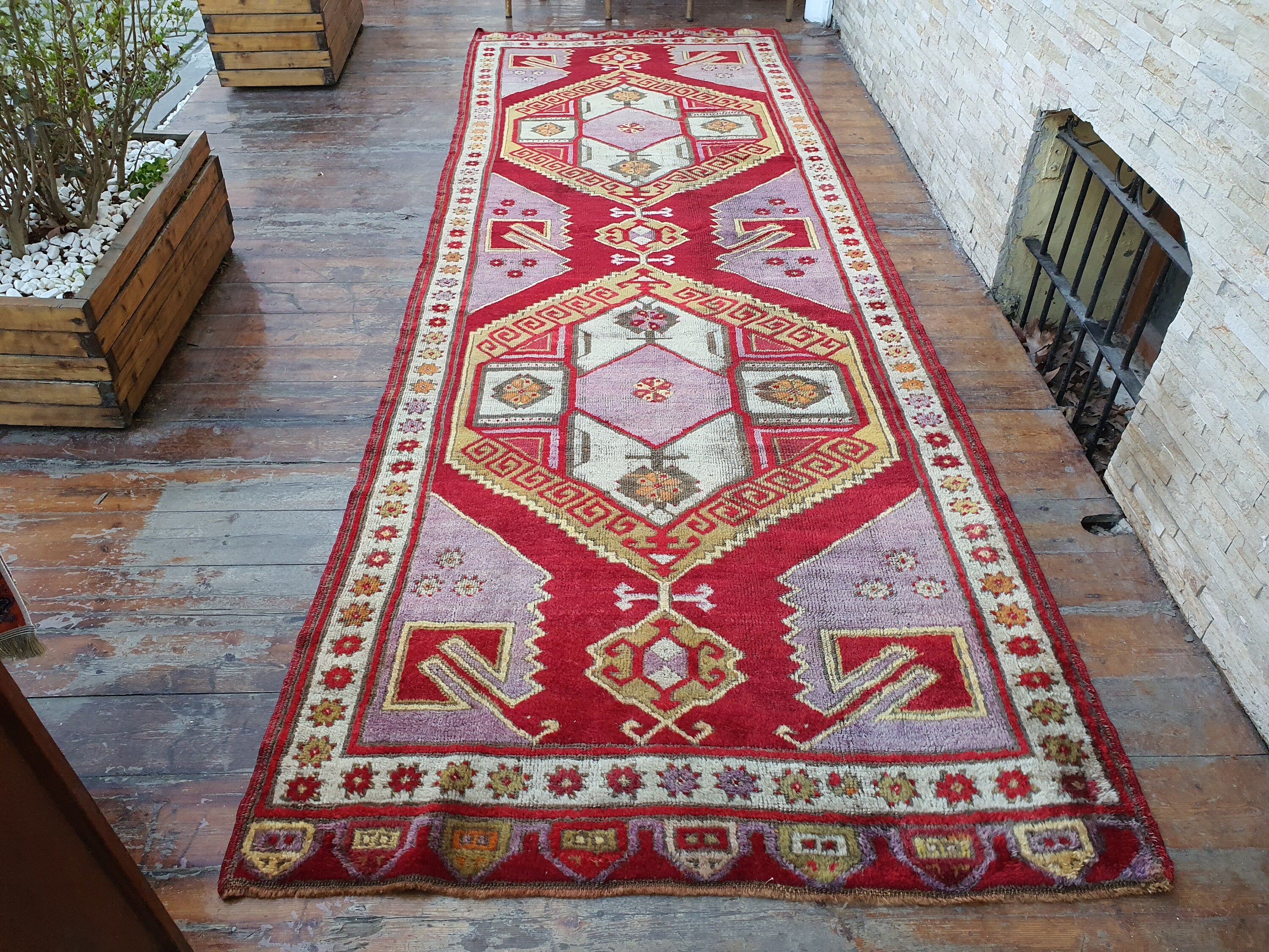 Konya Antique Hallway Runner Rug, Blue Pink Long Rug, Vintage Antique Recycled Old Rug, Handmade Natural Wool Persian Area Rug ''12''x''4''