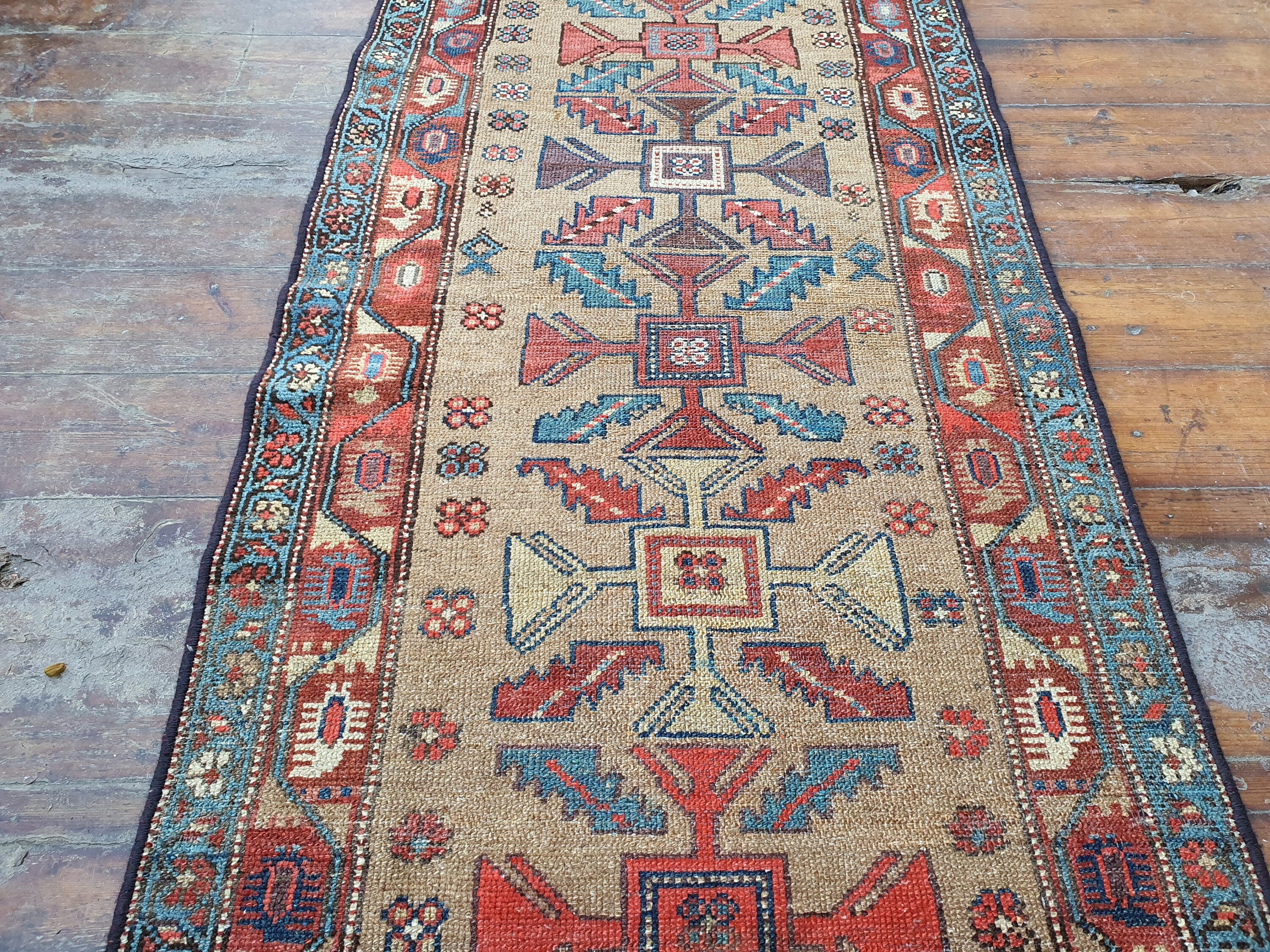 Antique Persian Hallway Rug 9 x 3 ft, Red Blue White Oriental Organic Wool Recycled Runner Rug, Bohemian Rustic Decor Vintage Oriental Rug