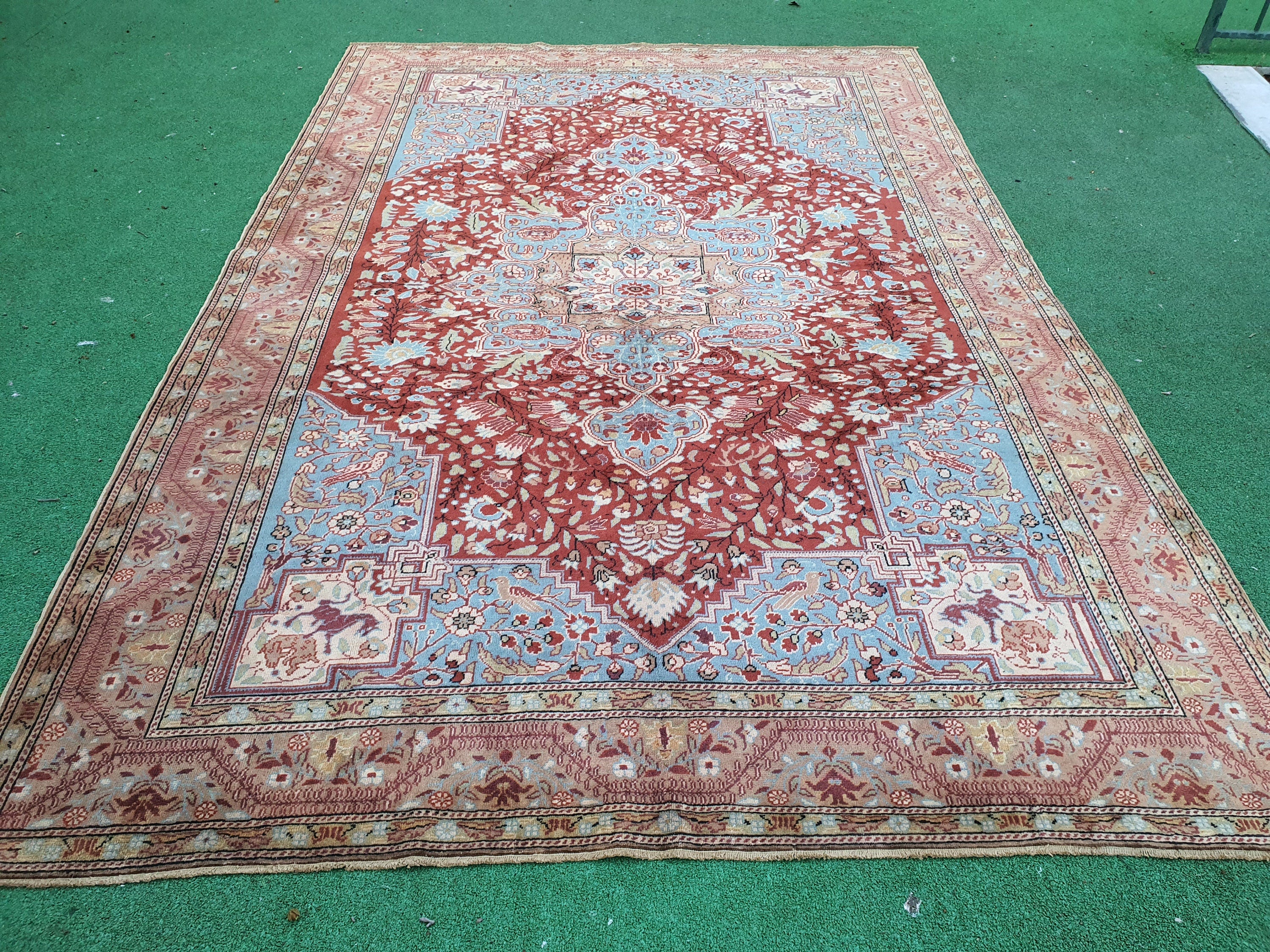 Kayseri Turkish Rug, Pink Blue Red Floral Vintage Handmade Natural Wool Rug 9'6'' x 6'4''