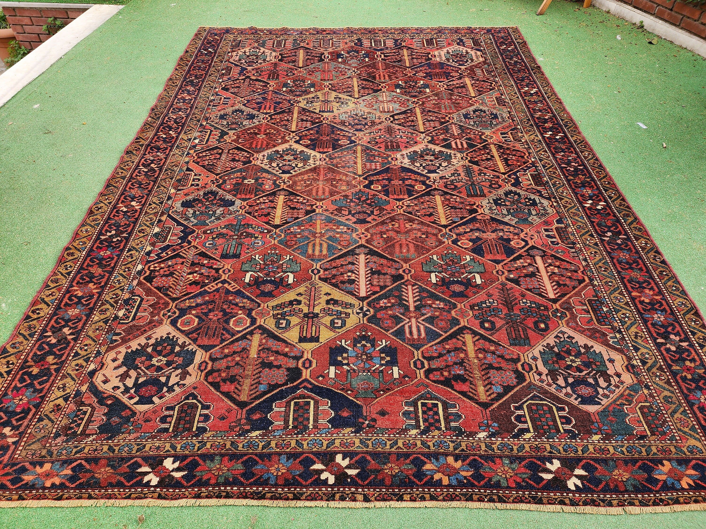 Red and Blue Antique Persian Rug 10 x 7 ft Vintage Turkish Handmade Carpet, Natural Wool Boho Retro Bedroom Dining or Living Room Floor Rug