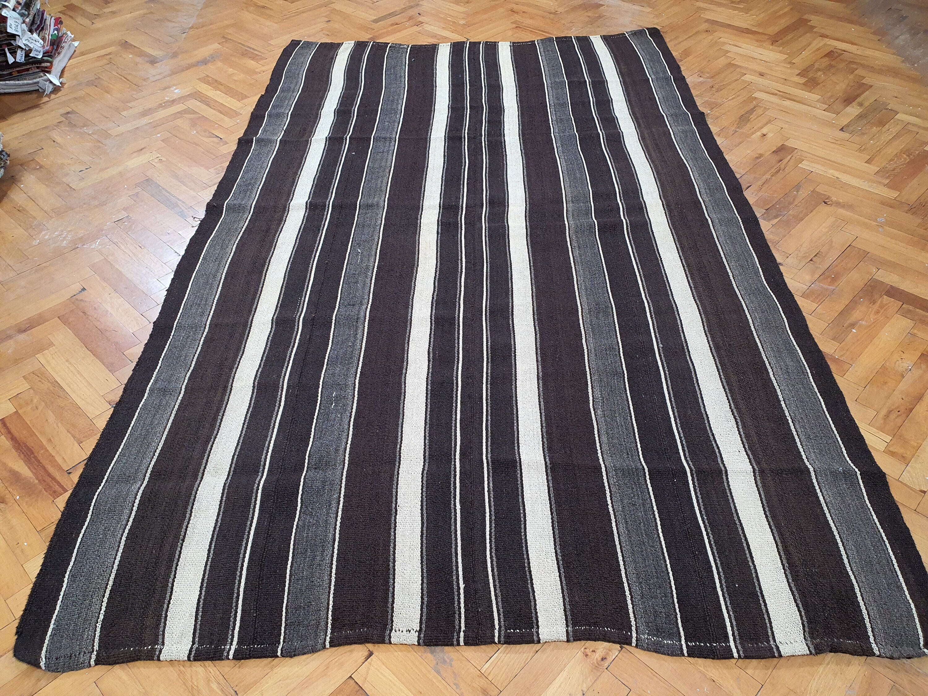 Turkish Kilim Rug, 8 x 5 ft Striped Black Grey White Kilim