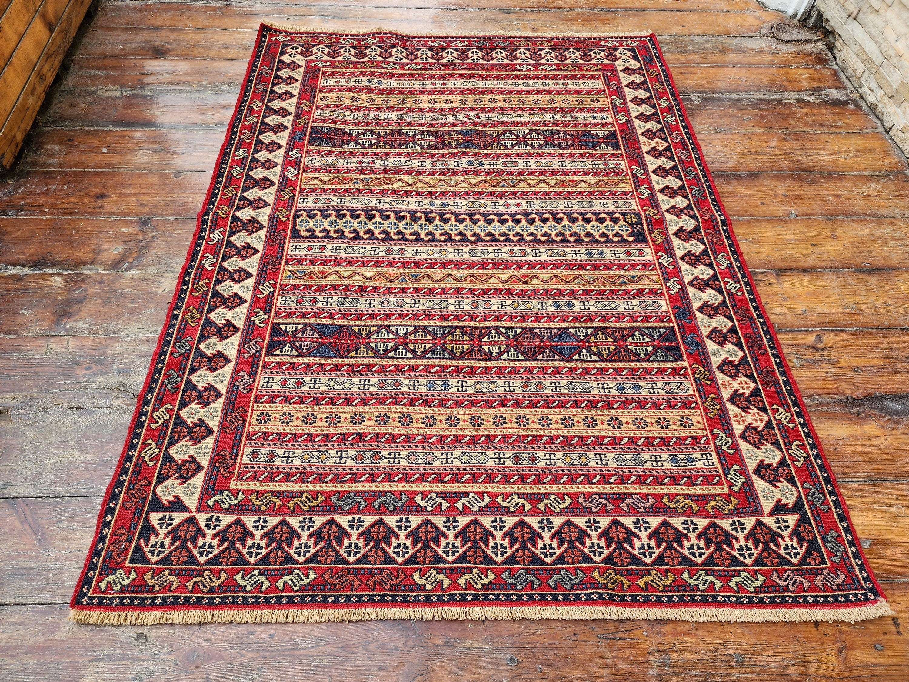 Persian Rah Rah Soumak 5 x 3 ft Red Brown and Blue Colorful Handmade Kurdish Kilim, Natural Wool Boho Rustic Floor Rug, Turkish Oriental Rug