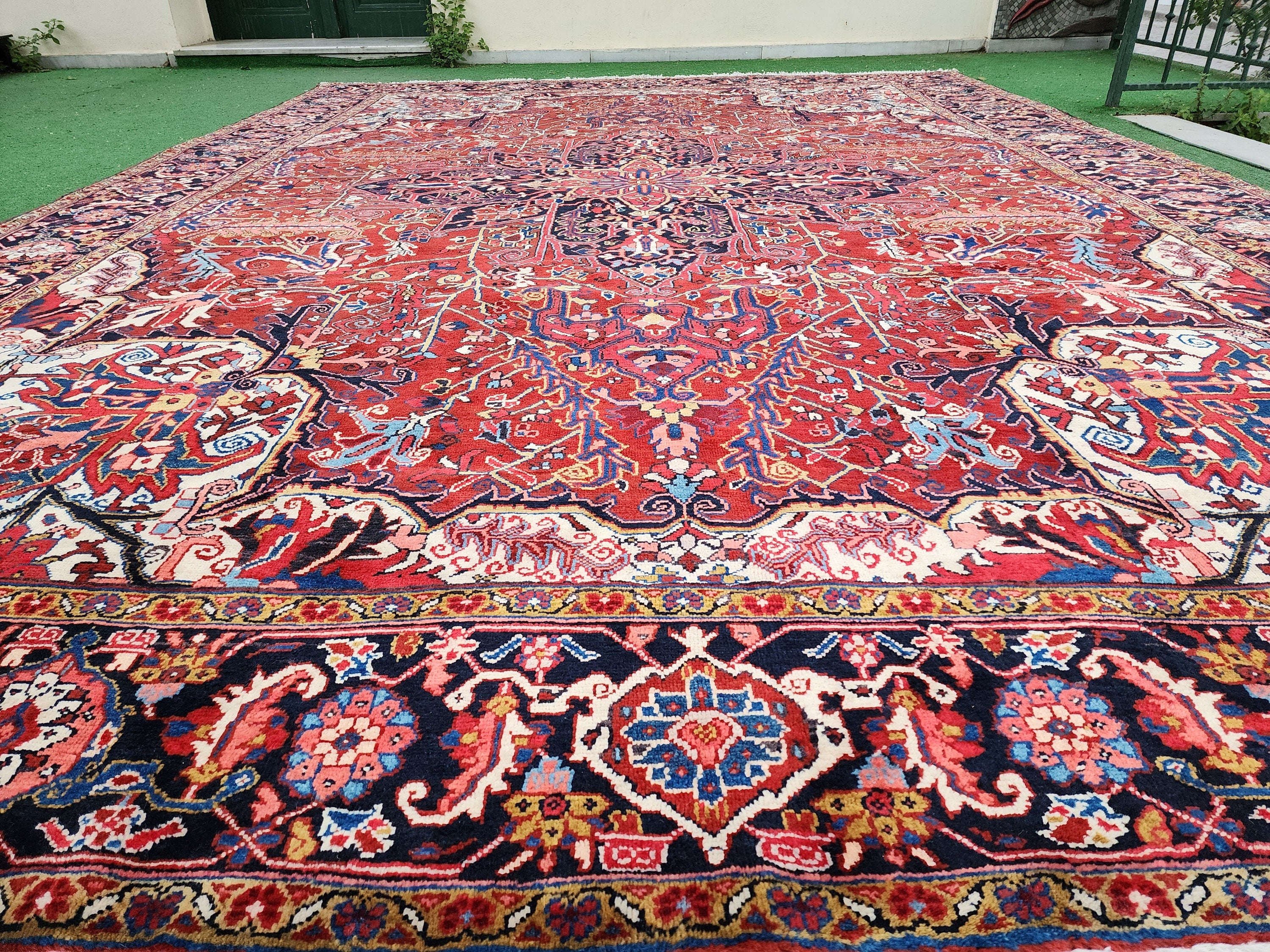 Red and Blue Persian Area Rug, 13 x 9 ft Vintage Turkish Tribal Organic Wool Rug, Recycled Oriental Design Rustic Floor Rug