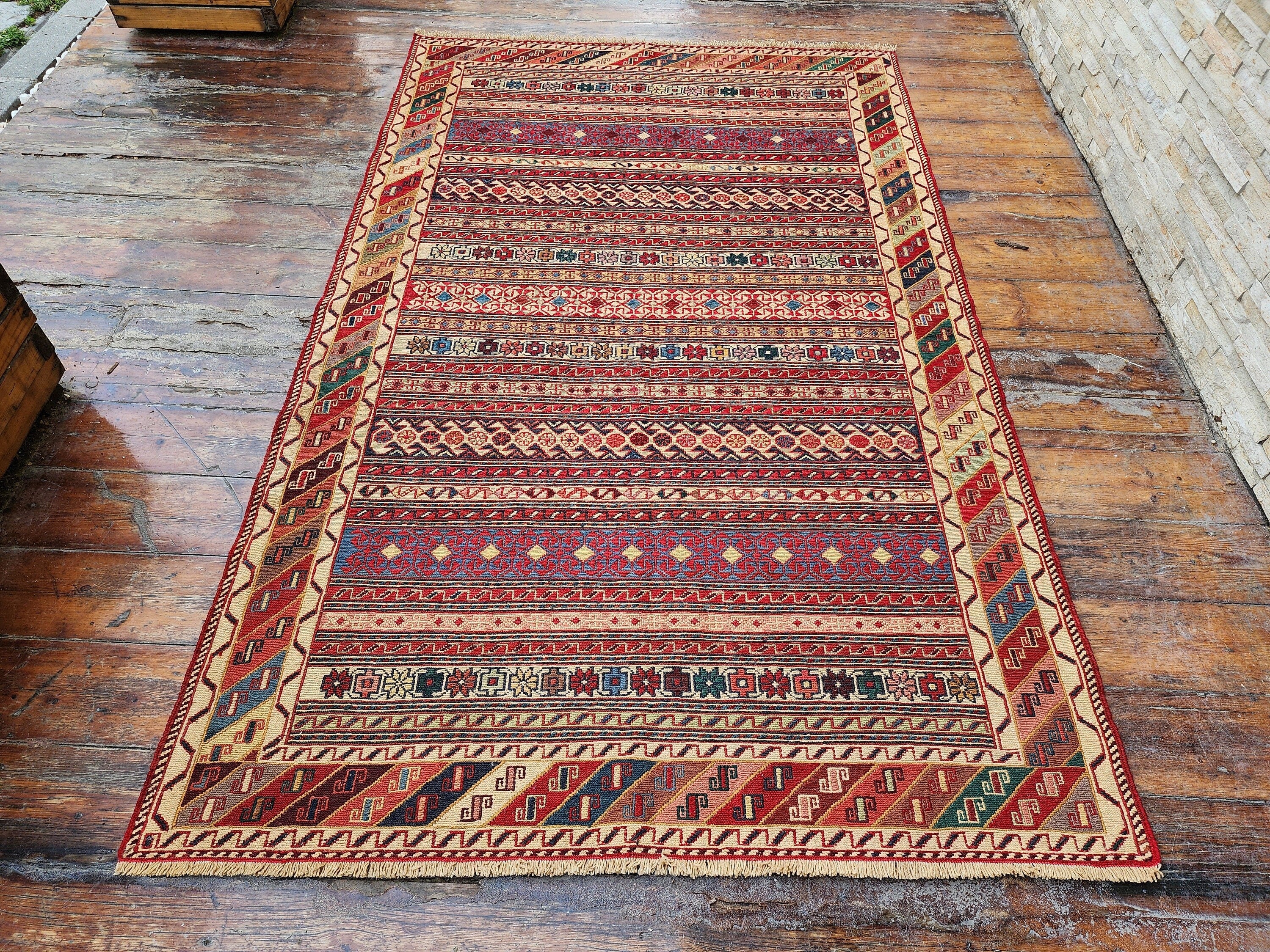 Persian Rah Rah Soumak 6 x4 ft Red Brown and Blue Colorful Handmade Kurdish Kilim, Natural Wool Boho Rustic Floor Rug, Turkish Oriental Rug
