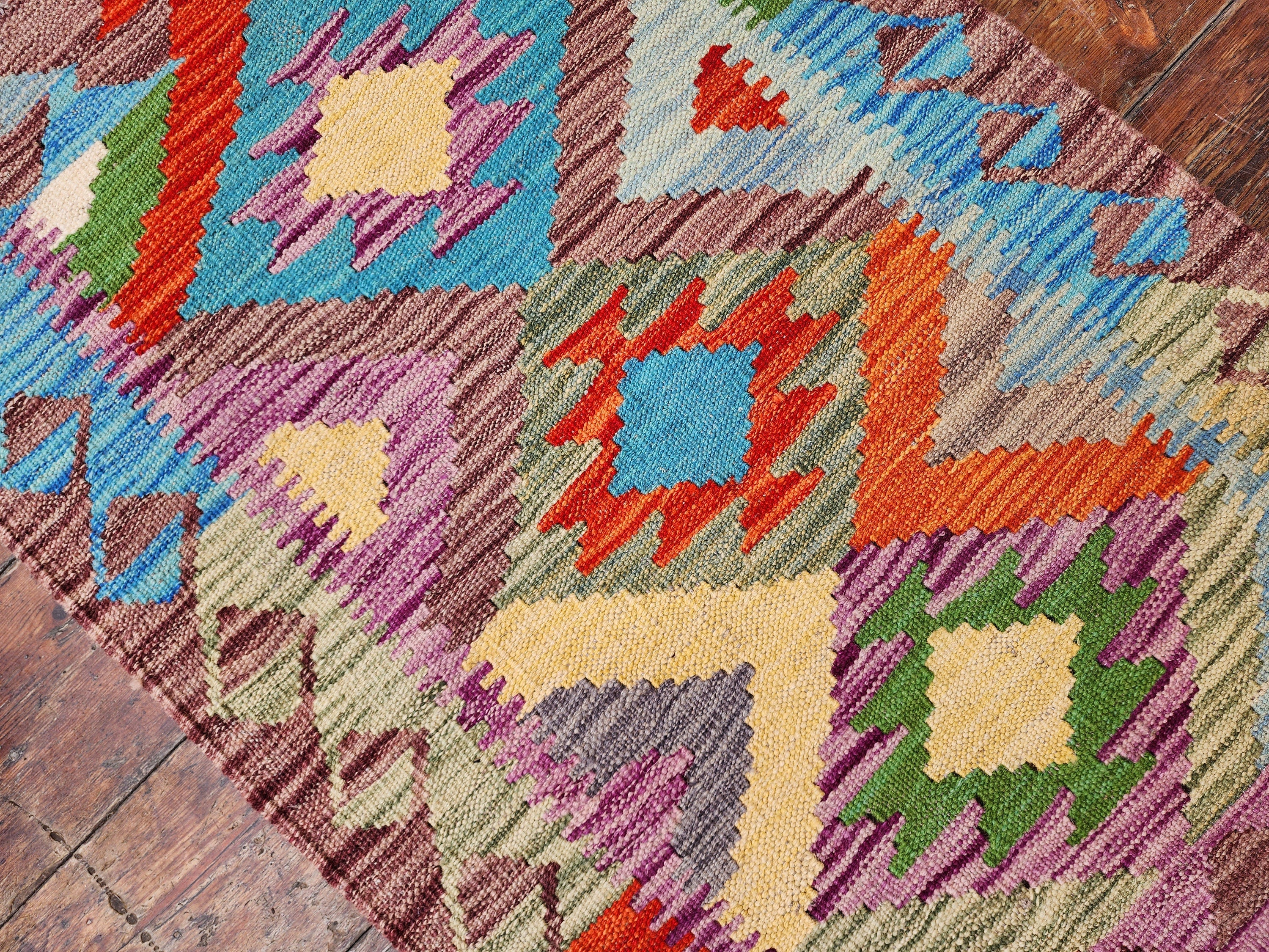 Small Afghan Maimana Kilim Rug 3 x 2 ft Purple Blue and Orange Turkish Door Mat Rug