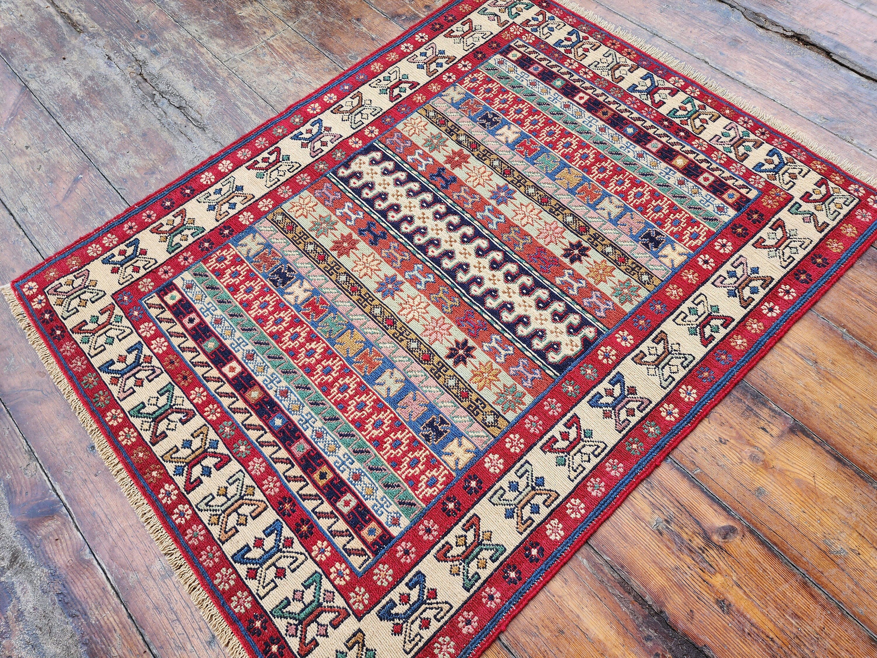 Red Blue and Brown Soumak Kilim Hallway Rug 3 x 3 ft Turkish Kilim Rug, Handmade Oriental Embroidered Rug, Natural Wool Boho Persian Rug