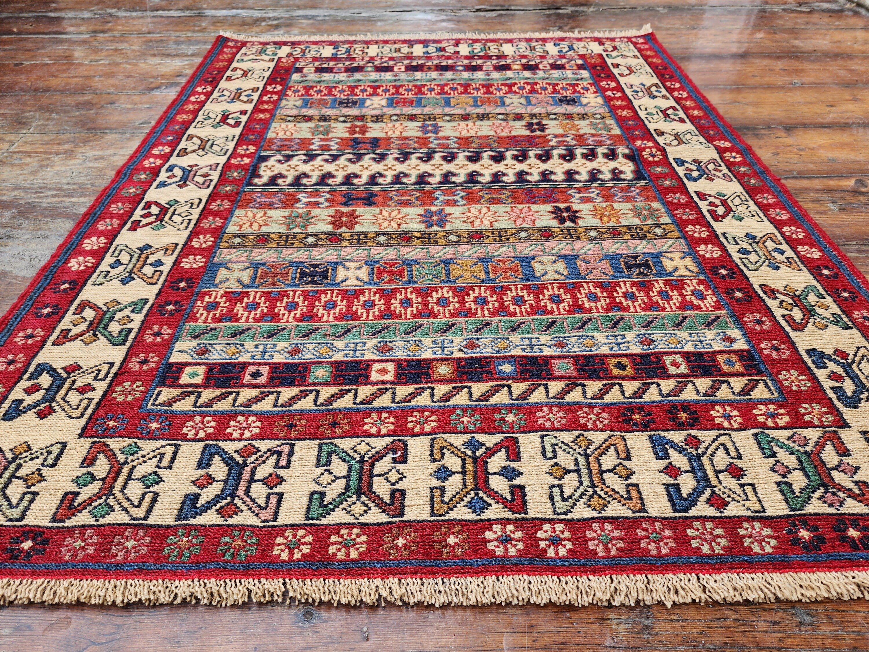 Red Blue and Brown Soumak Kilim Hallway Rug 3 x 3 ft Turkish Kilim Rug, Handmade Oriental Embroidered Rug, Natural Wool Boho Persian Rug