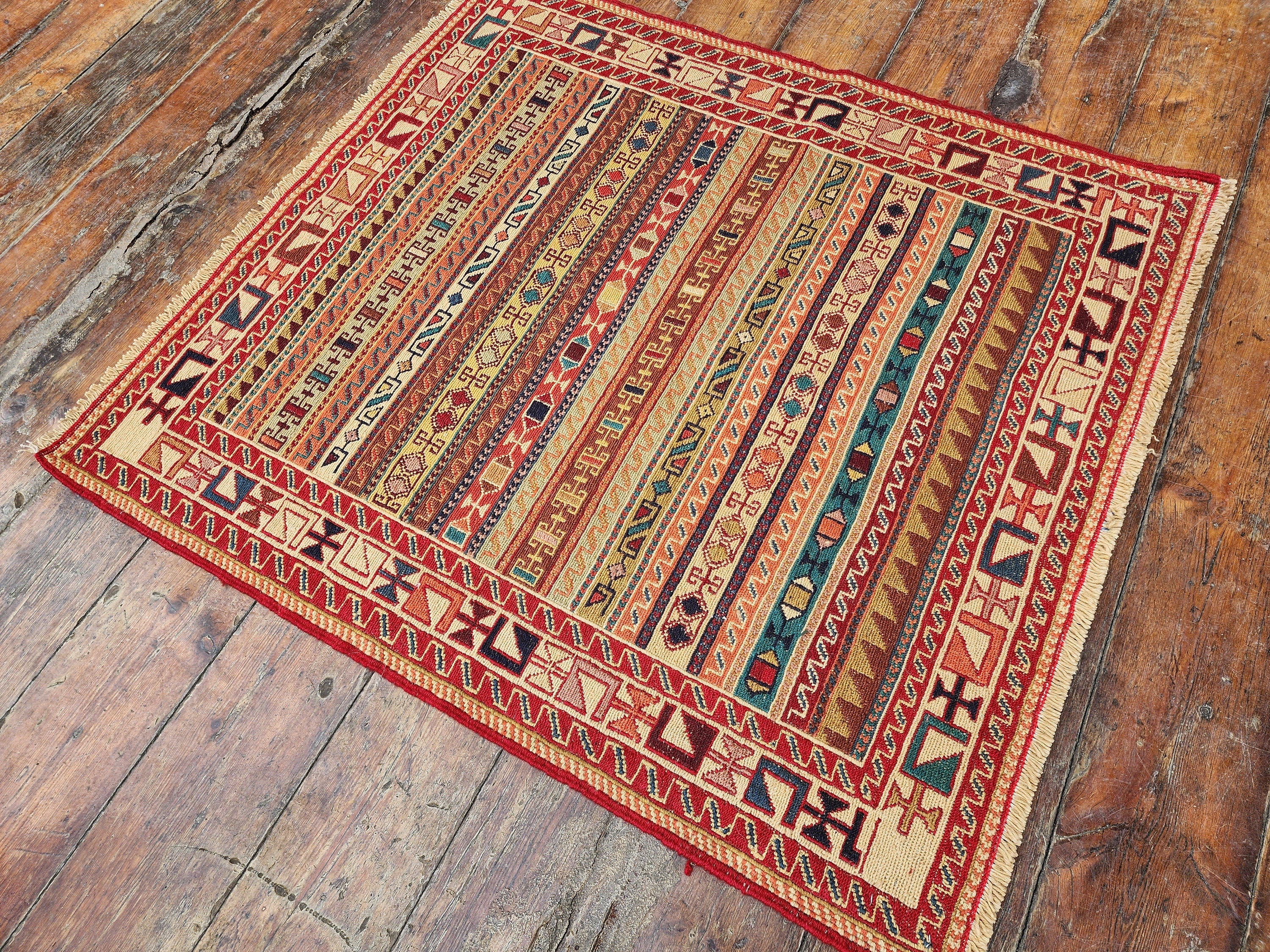 Persian Soumak Kilim, 3 ft 2 in x 3 ft, Small Square Vintage Rah Rah Soumac Turkish Rug