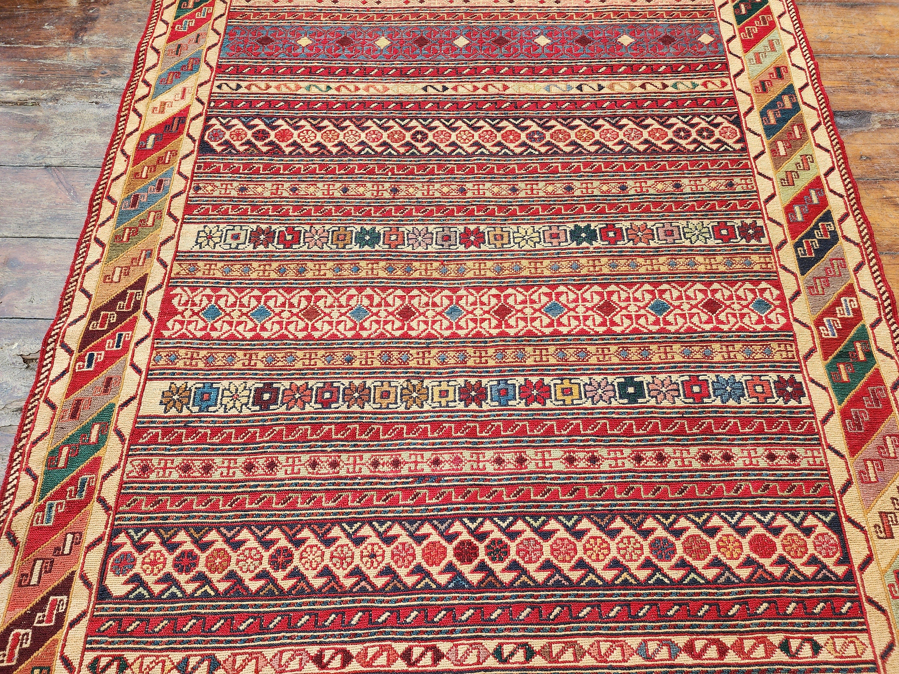 Persian Rah Rah Soumak 6 x4 ft Red Brown and Blue Colorful Handmade Kurdish Kilim, Natural Wool Boho Rustic Floor Rug, Turkish Oriental Rug