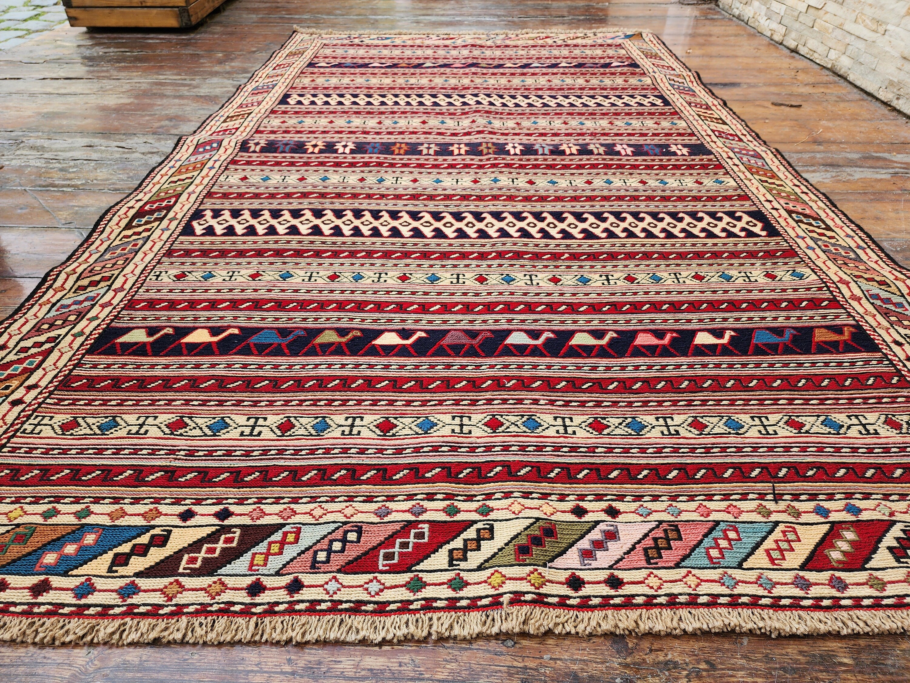 Persian Soumak Kilim Rug 6 x 4 ft Red Brown and Blue Handmade Natural Wool Boho Rustic Turkish Floor Rug, Vintage Anatolian Oriental Rug