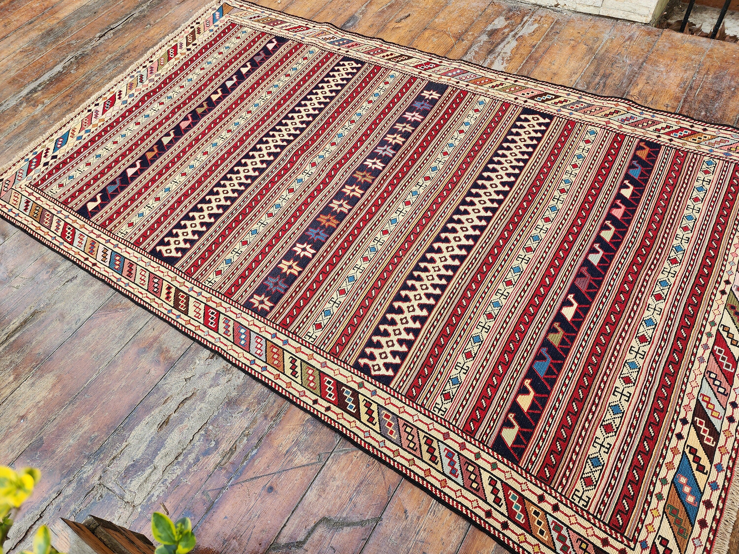 Persian Soumak Kilim Rug 6 x 4 ft Red Brown and Blue Handmade Natural Wool Boho Rustic Turkish Floor Rug, Vintage Anatolian Oriental Rug