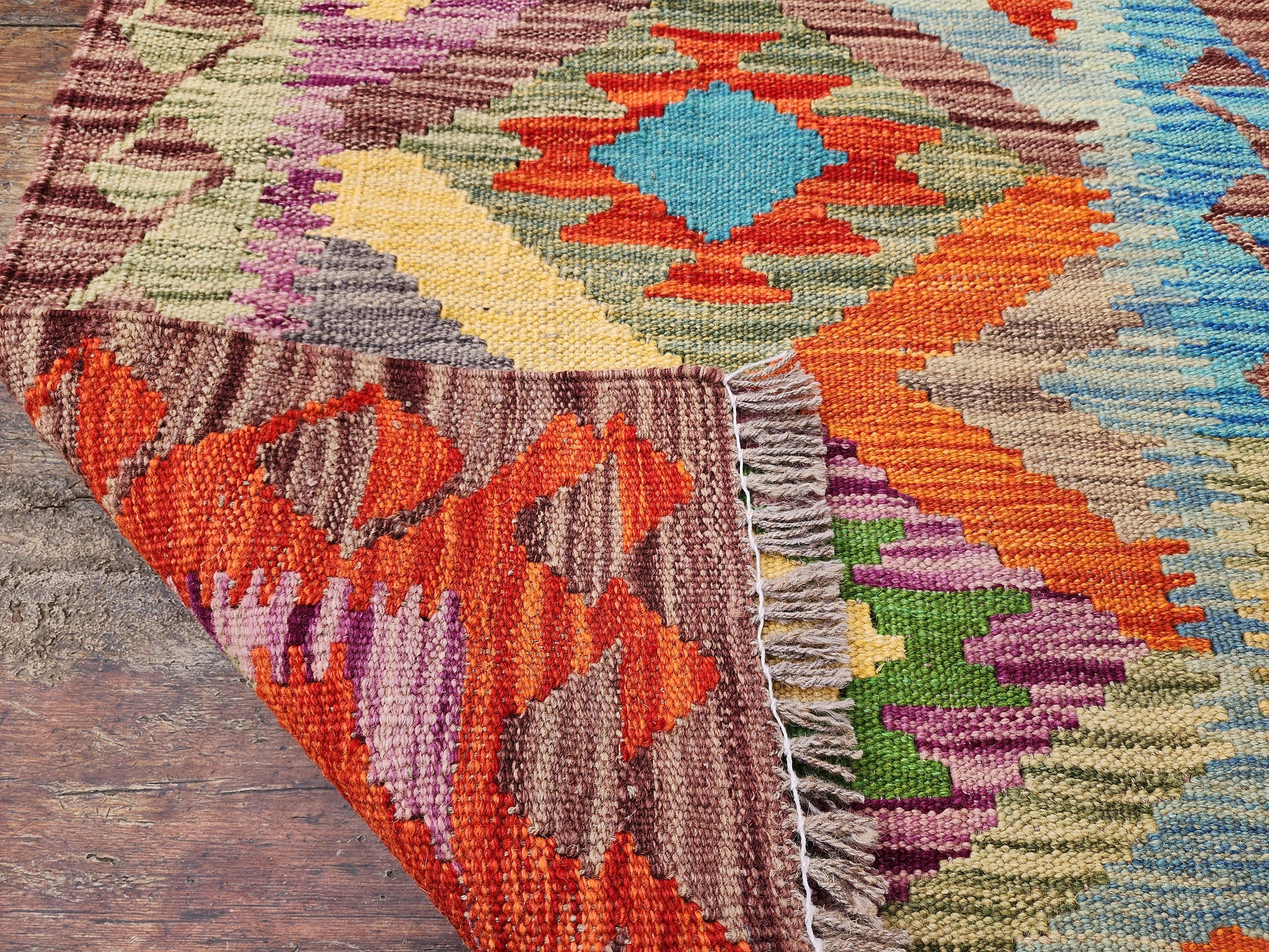 Small Afghan Maimana Kilim Rug 3 x 2 ft Purple Blue and Orange Turkish Door Mat Rug