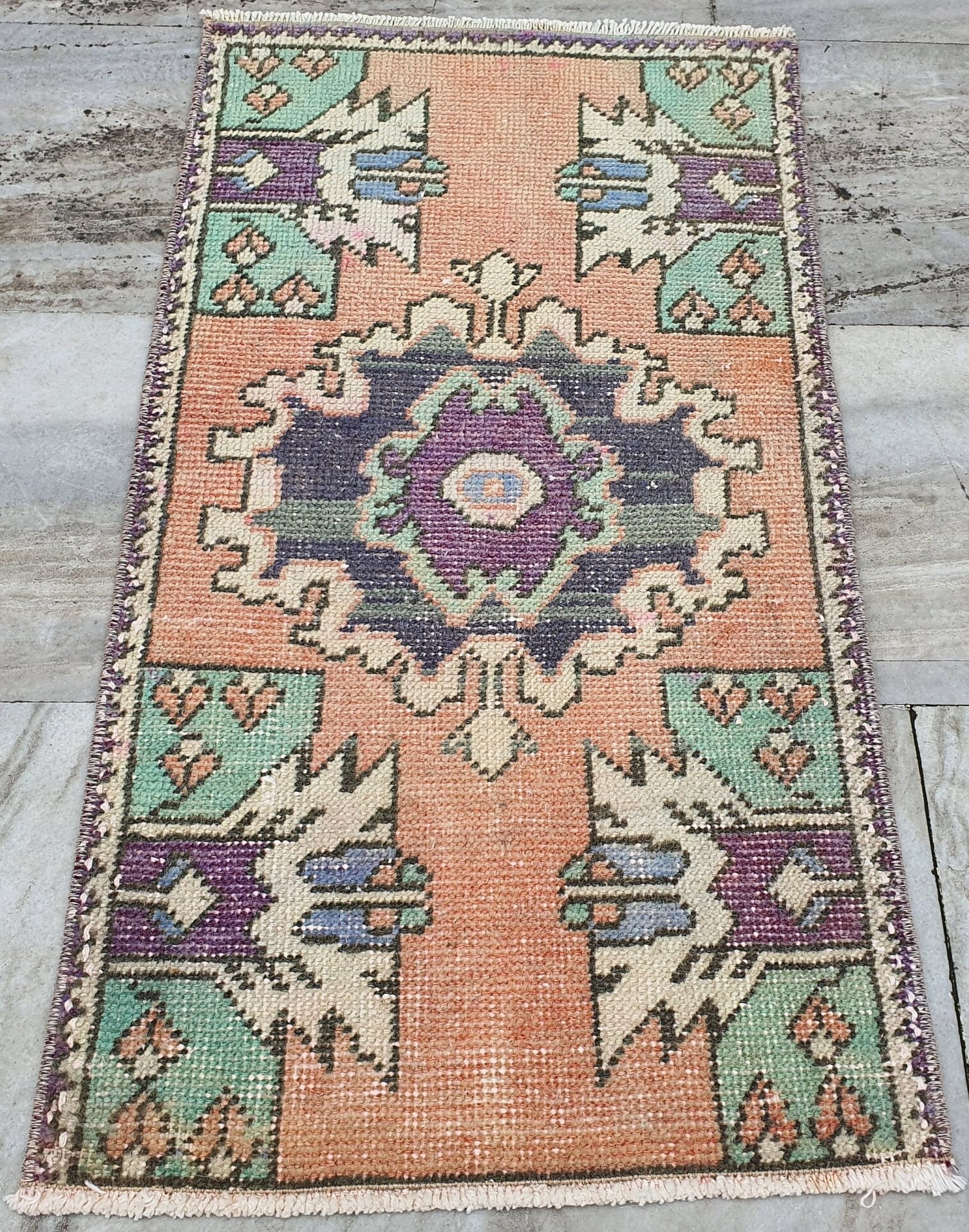 Small Turkish Rug, 2 ft 9 in x 1 ft 5 in, Pink Grey/Green Vintage Doormat Entry or Bedside Rug