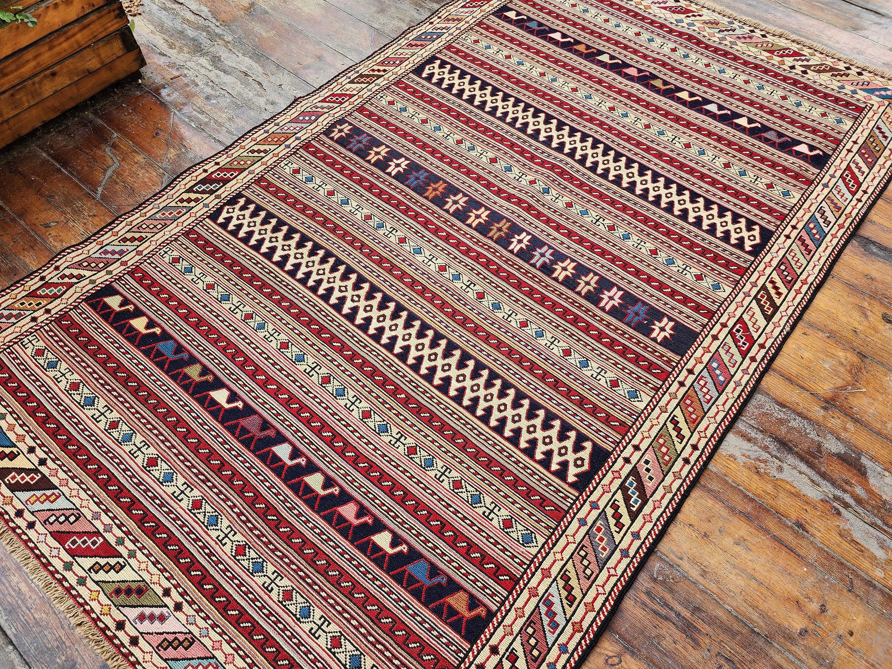 Persian Soumak Kilim Rug 6 x 4 ft Red Brown and Blue Handmade Natural Wool Boho Rustic Turkish Floor Rug, Vintage Anatolian Oriental Rug