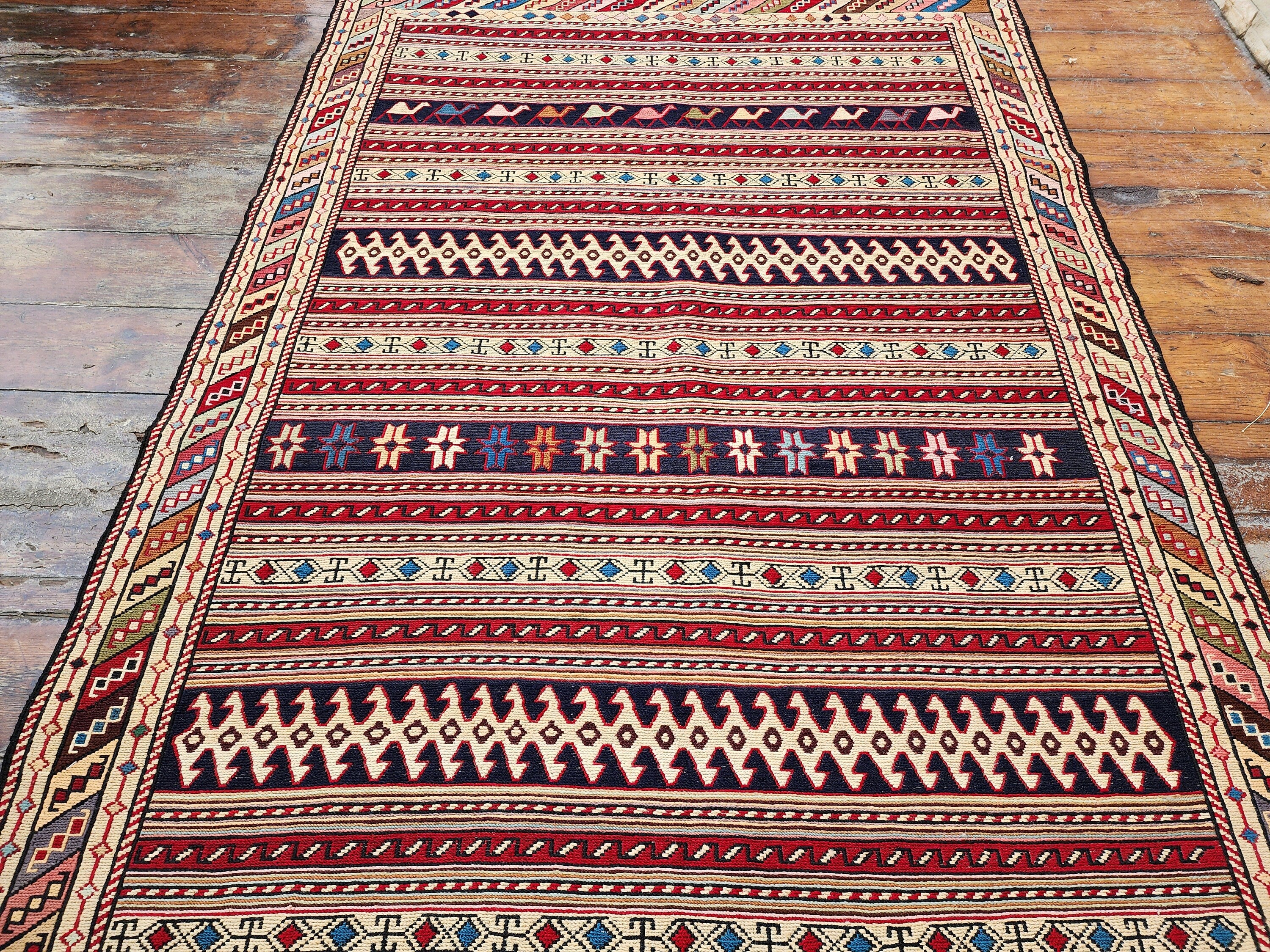 Persian Soumak Kilim Rug 6 x 4 ft Red Brown and Blue Handmade Natural Wool Boho Rustic Turkish Floor Rug, Vintage Anatolian Oriental Rug